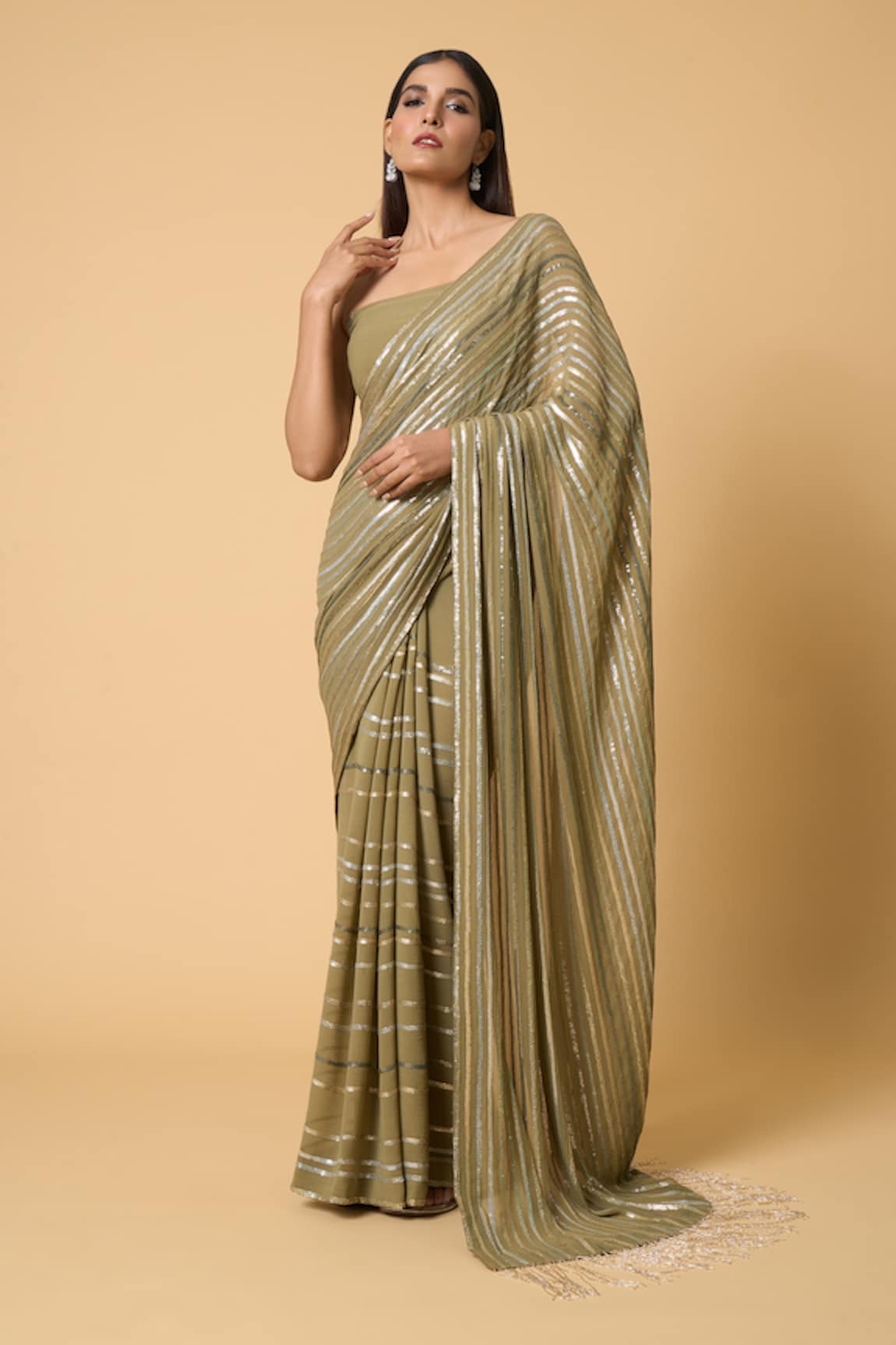 Nakul Sen Striped Sequin Saree With Unstitched Blouse Piece