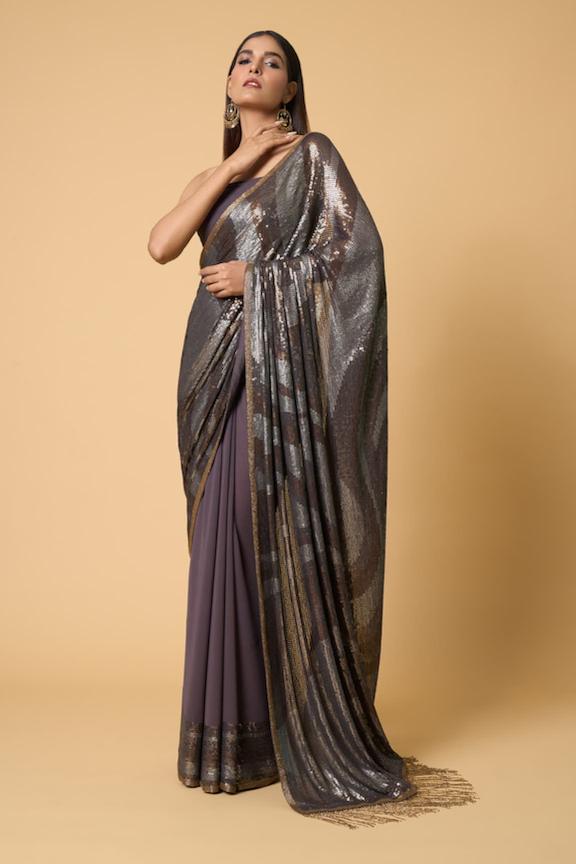 Nakul Sen Wave Sequin Saree With Unstitched Blouse Piece