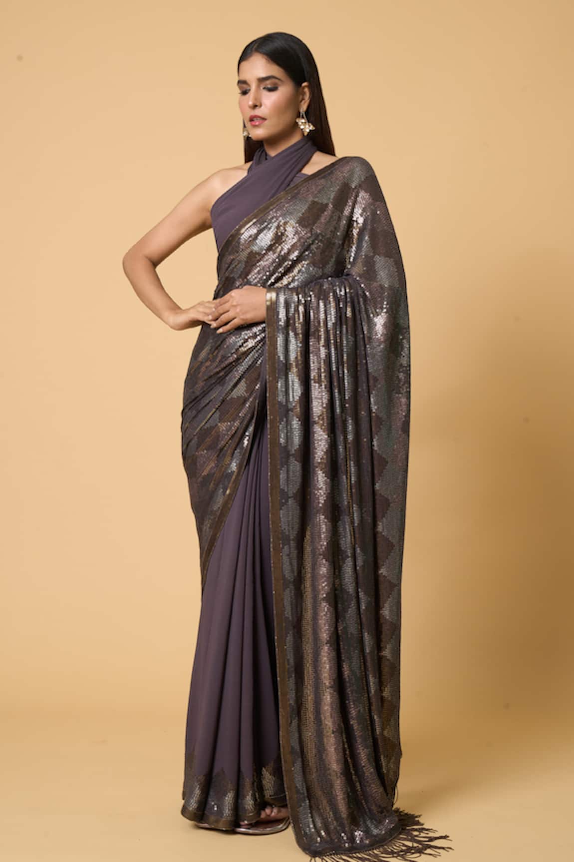 Nakul Sen Diamond Pattern Sequin Saree With Unstitched Blouse Piece
