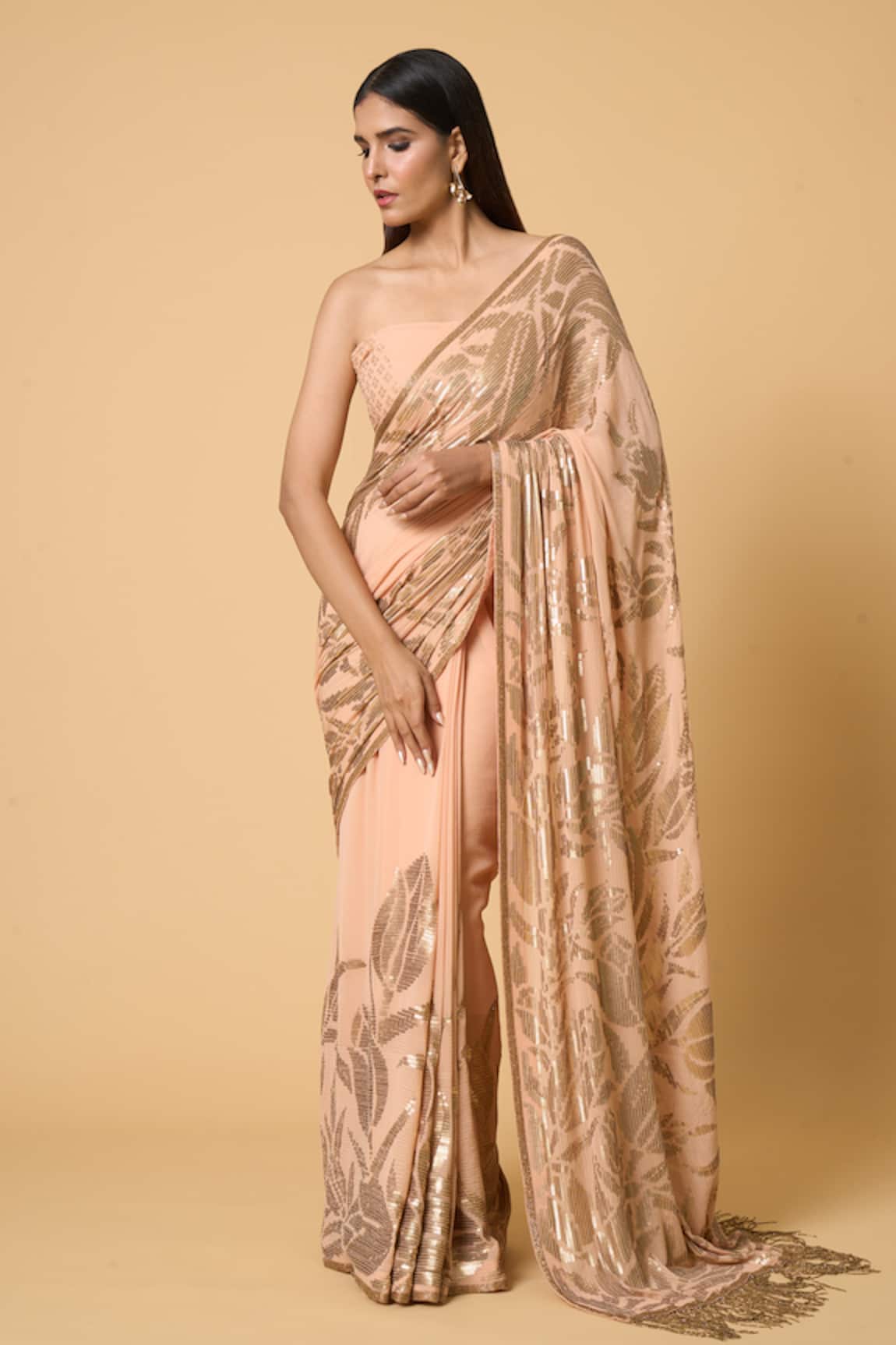 Nakul Sen Lotus Sequin Saree With Unstitched Blouse Piece