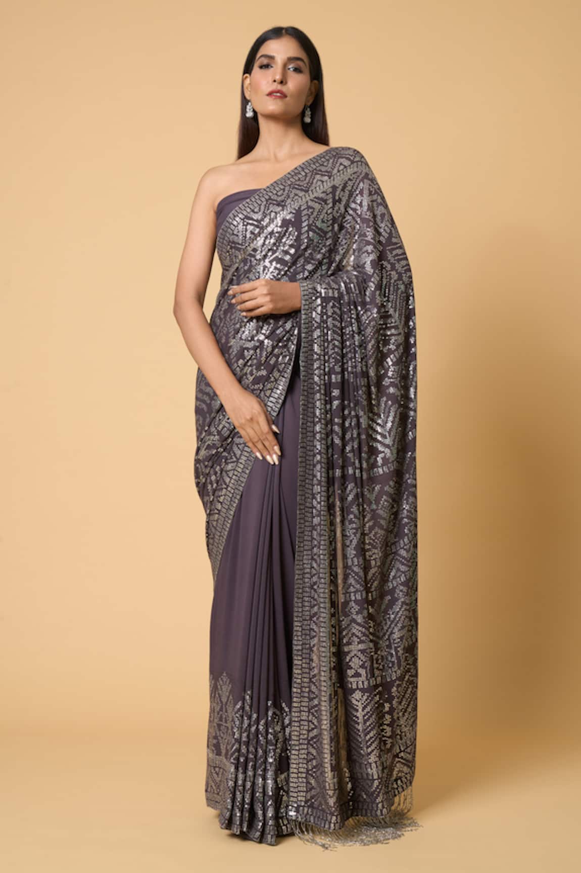 Nakul Sen Geometric Sequined Saree With Unstitched Blouse Piece