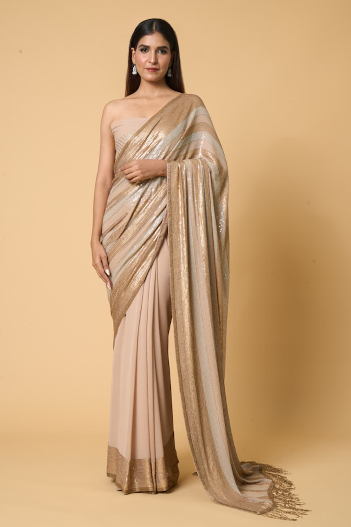 Nakul Sen Striped Sequined Saree With Unstitched Blouse Piece