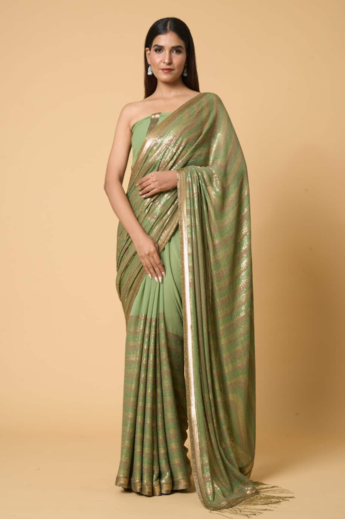 Nakul Sen Striped Sequin Pastel Saree With Unstitched Blouse Piece