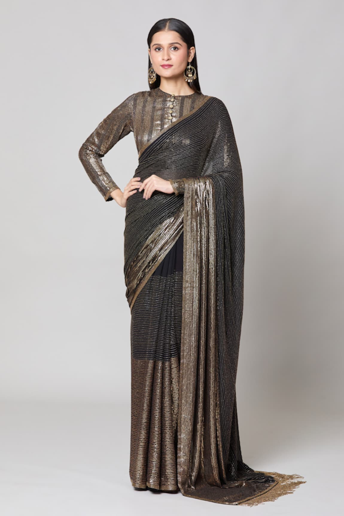 Nakul Sen Metallic Sequin Saree With Embroidered Blouse