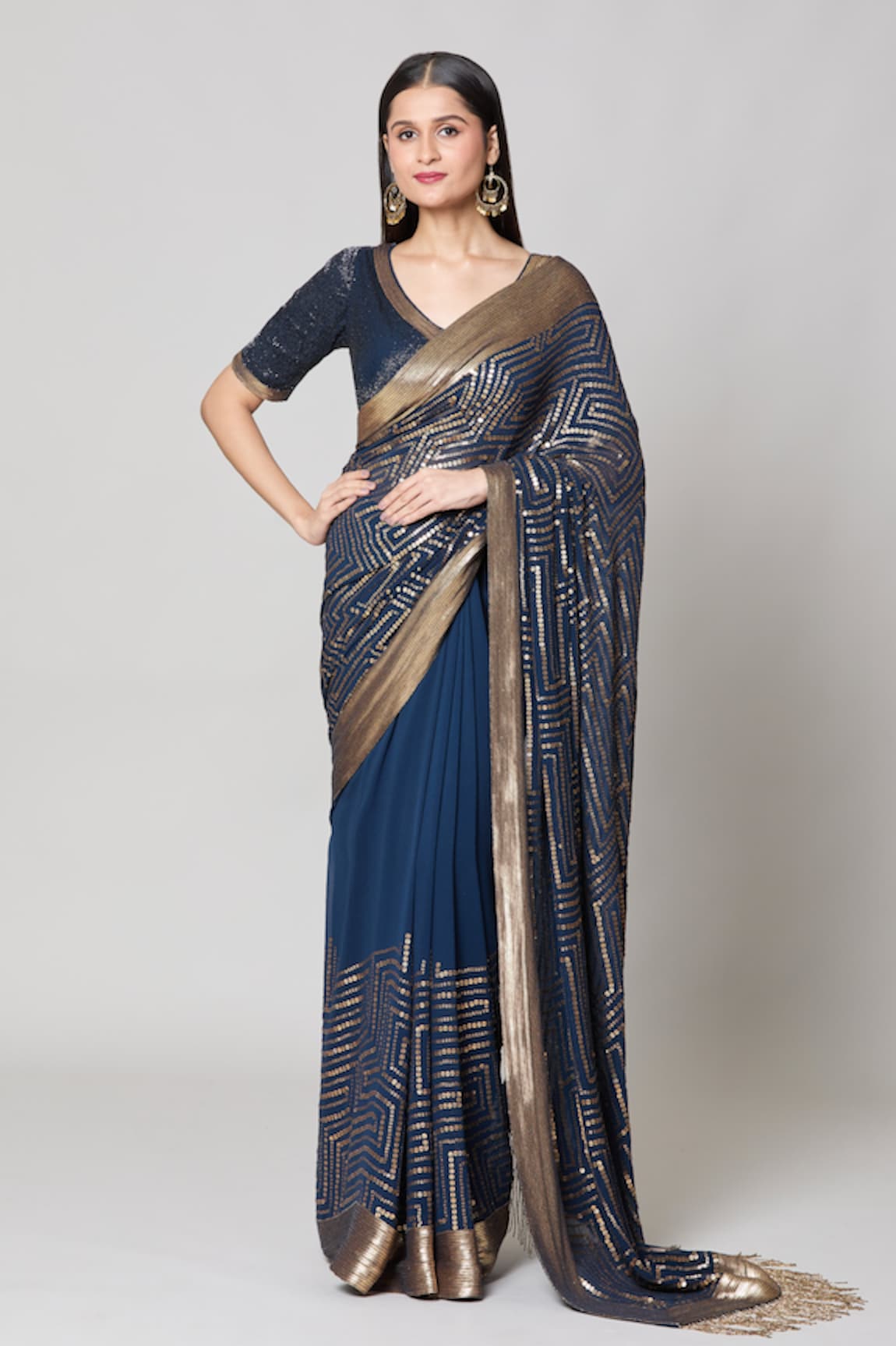 Nakul Sen Geometric Sequin Saree With Blouse