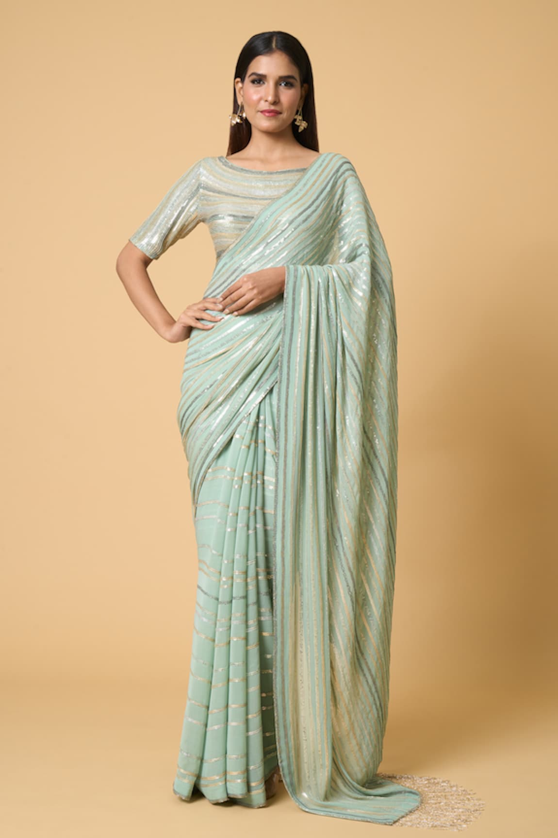 Nakul Sen Striped Sequin Pastel Saree With Blouse