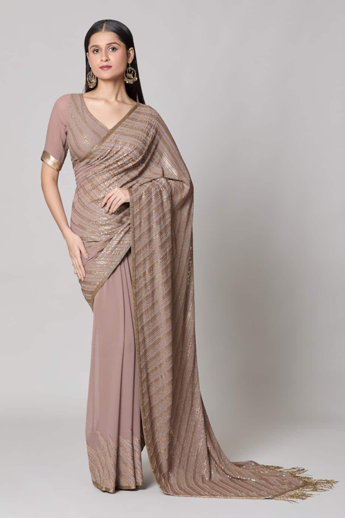 Nakul Sen Striped Metallic Sequin Saree With Blouse