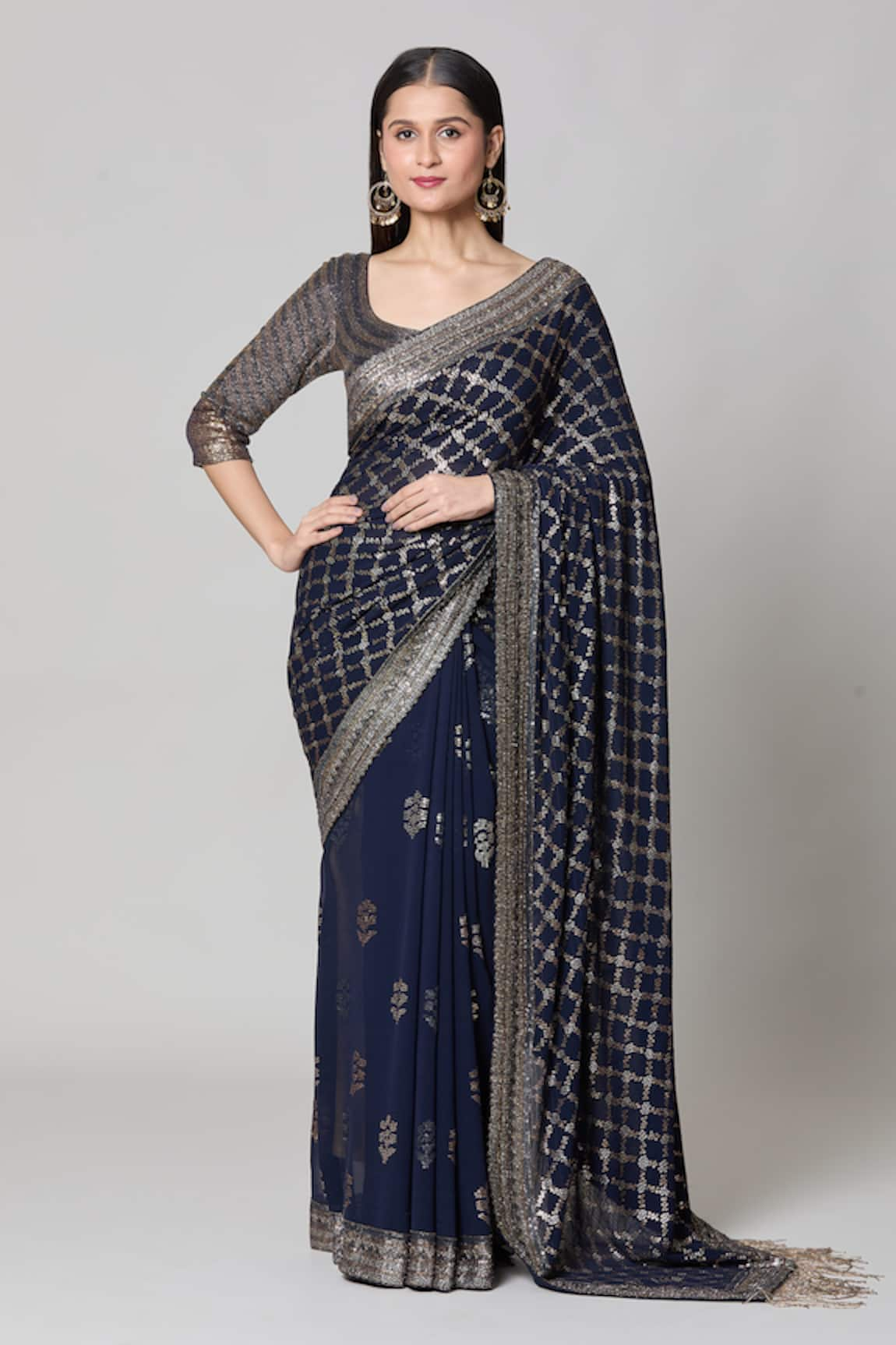 Nakul Sen Checkered Sequin Saree With Blouse