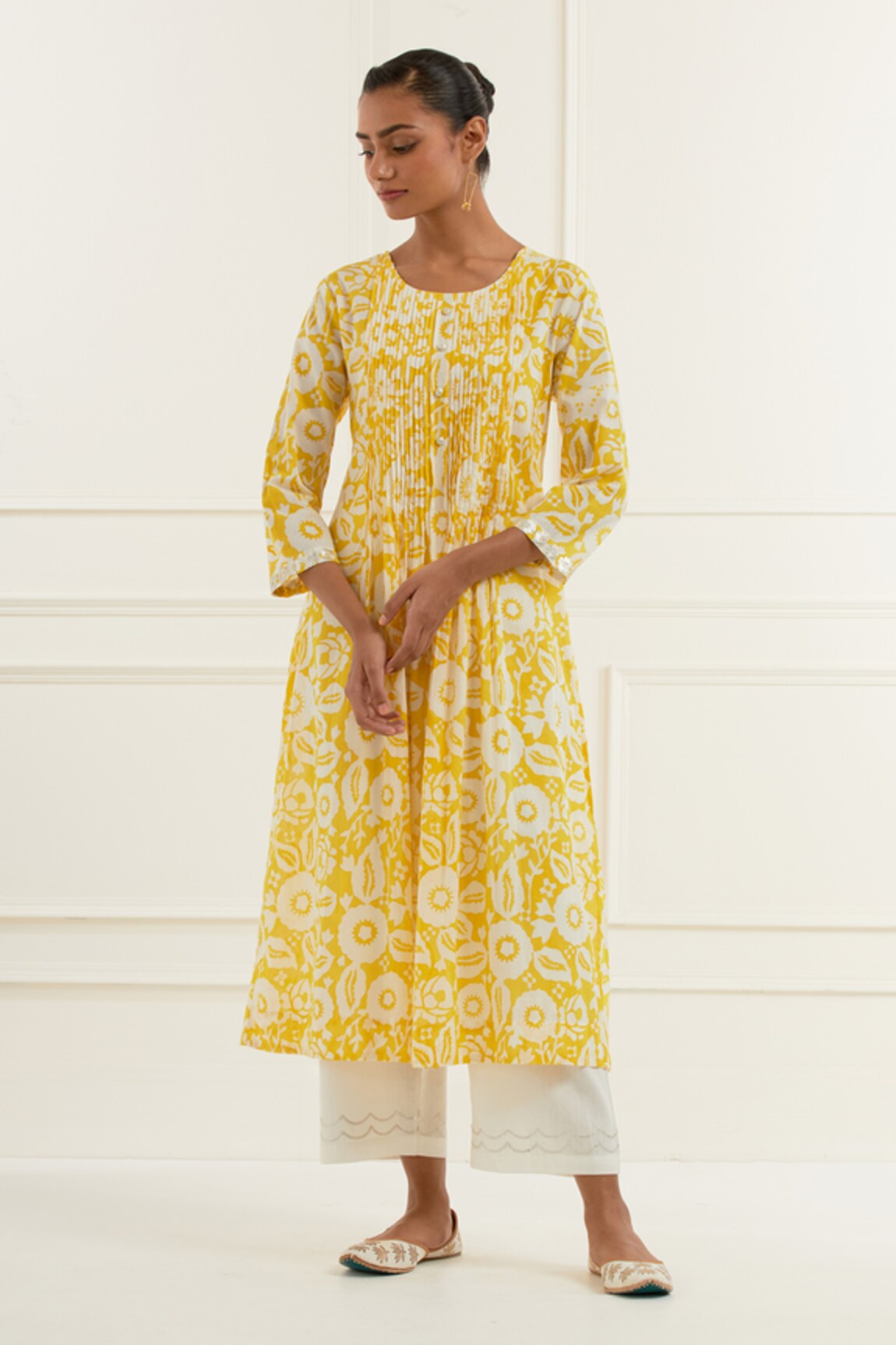 Kamaltaas Blossom Print Pintucked Yoke Kurta