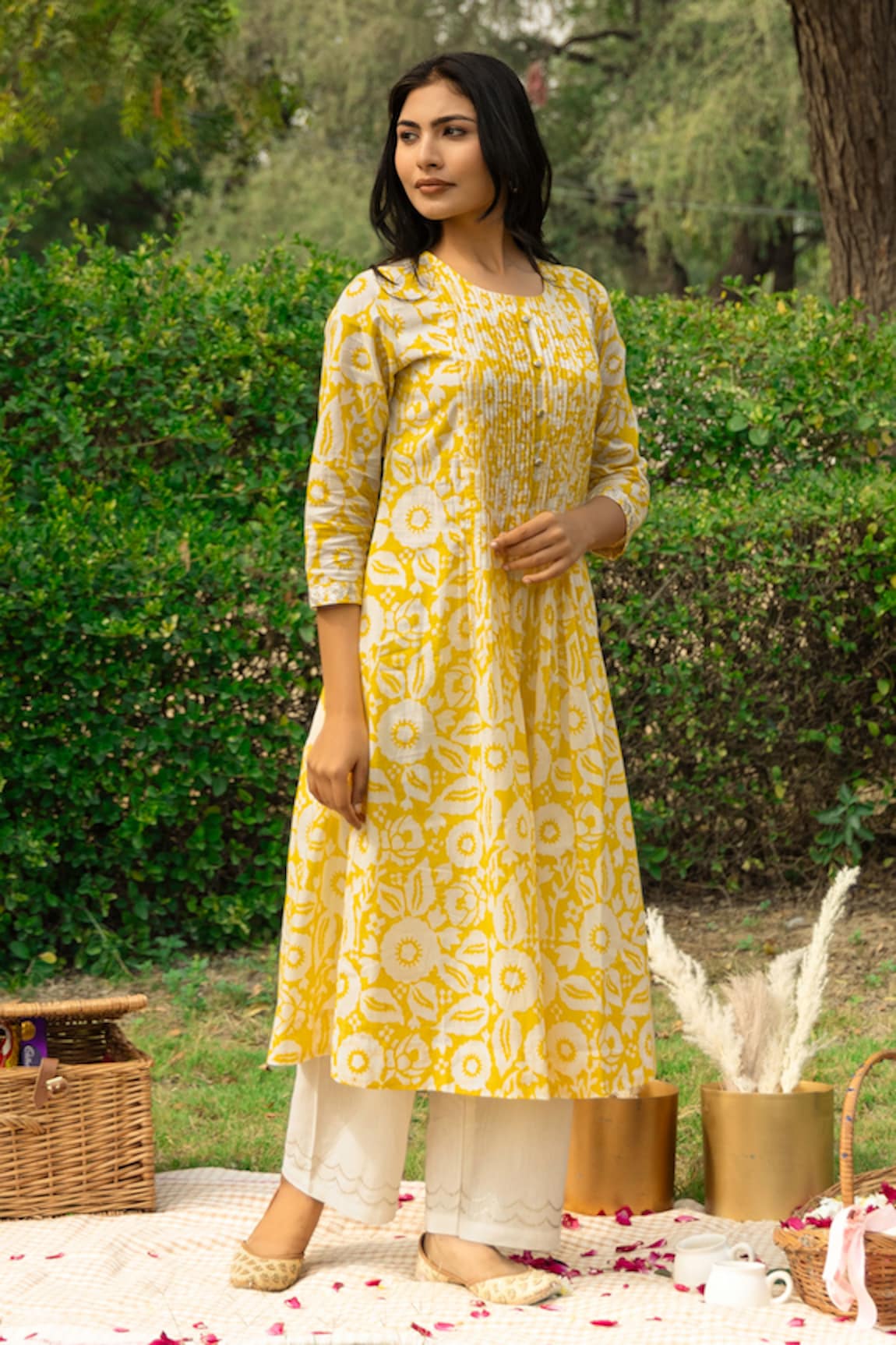 Kamaltaas Blossom Print Pintucked Yoke Kurta With Pant