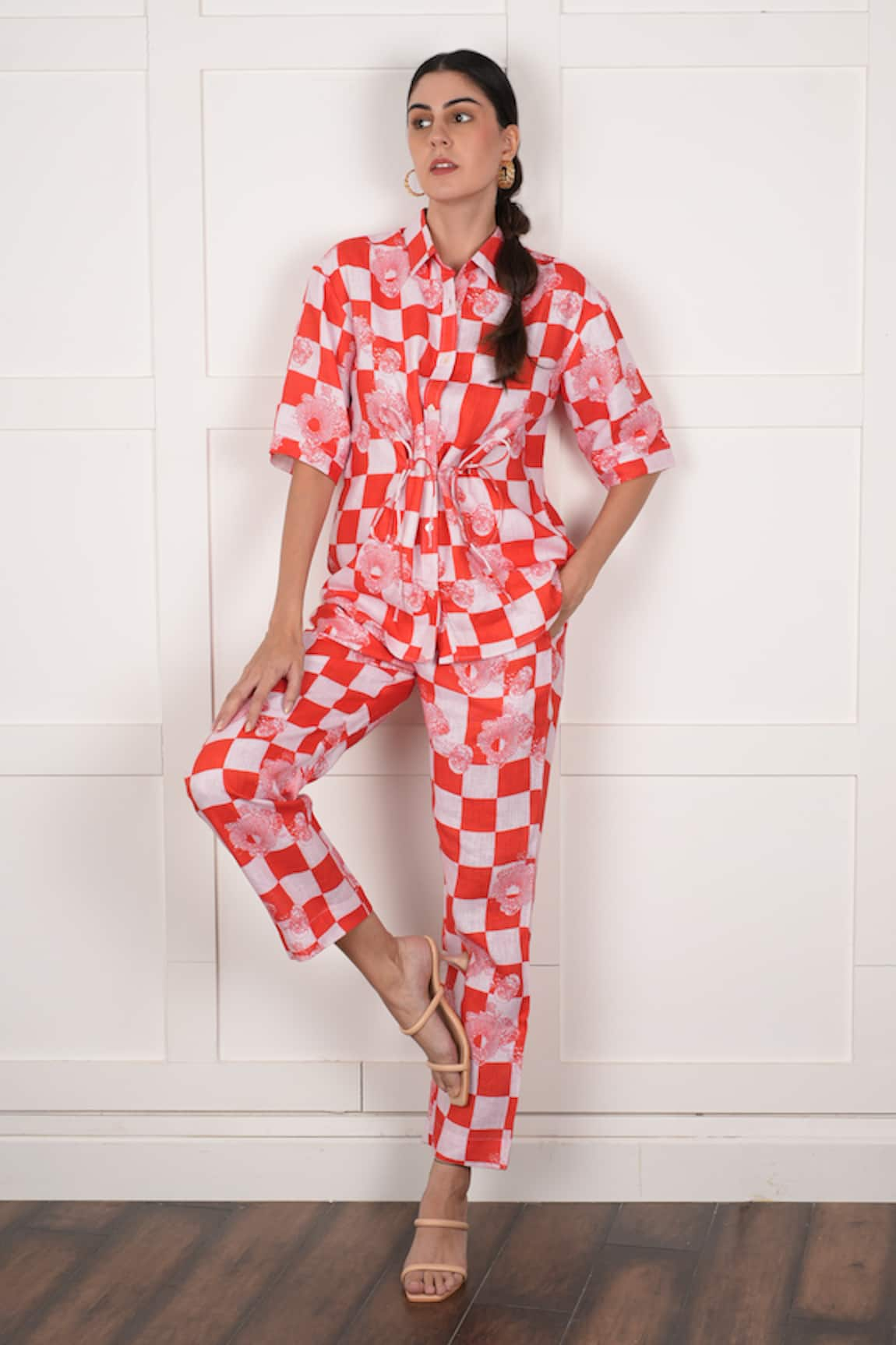 Nassh Linen Checkered Floral Print Shirt With Pant