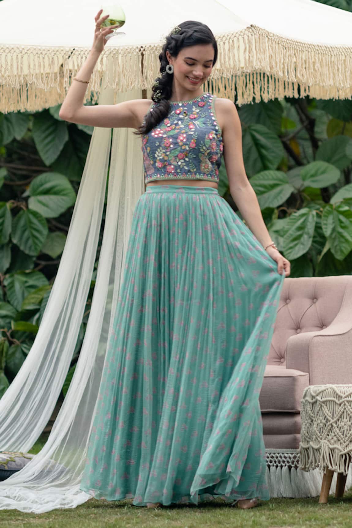 SUMMER BY PRIYANKA GUPTA Magic Floral Embroidered Chambray Top & Skirt Set