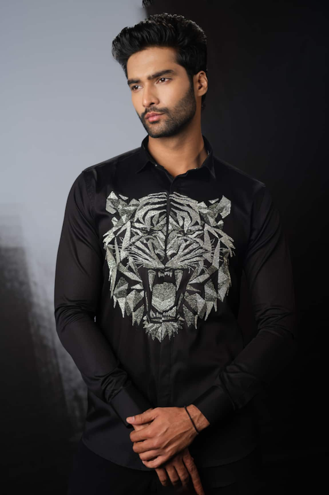 Sanjana reddy Designs 3D Tiger Face Hand Embroidered Shirt