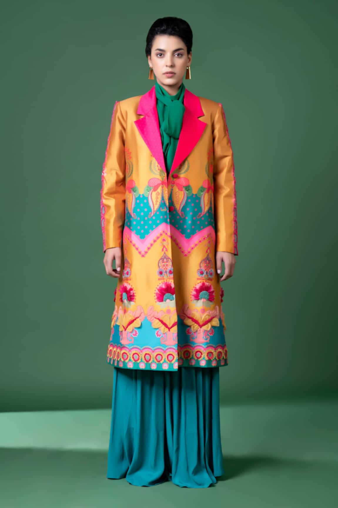 Siddhartha Bansal Day Bloom Art Embroidered & Print Long Coat With Flared Pant