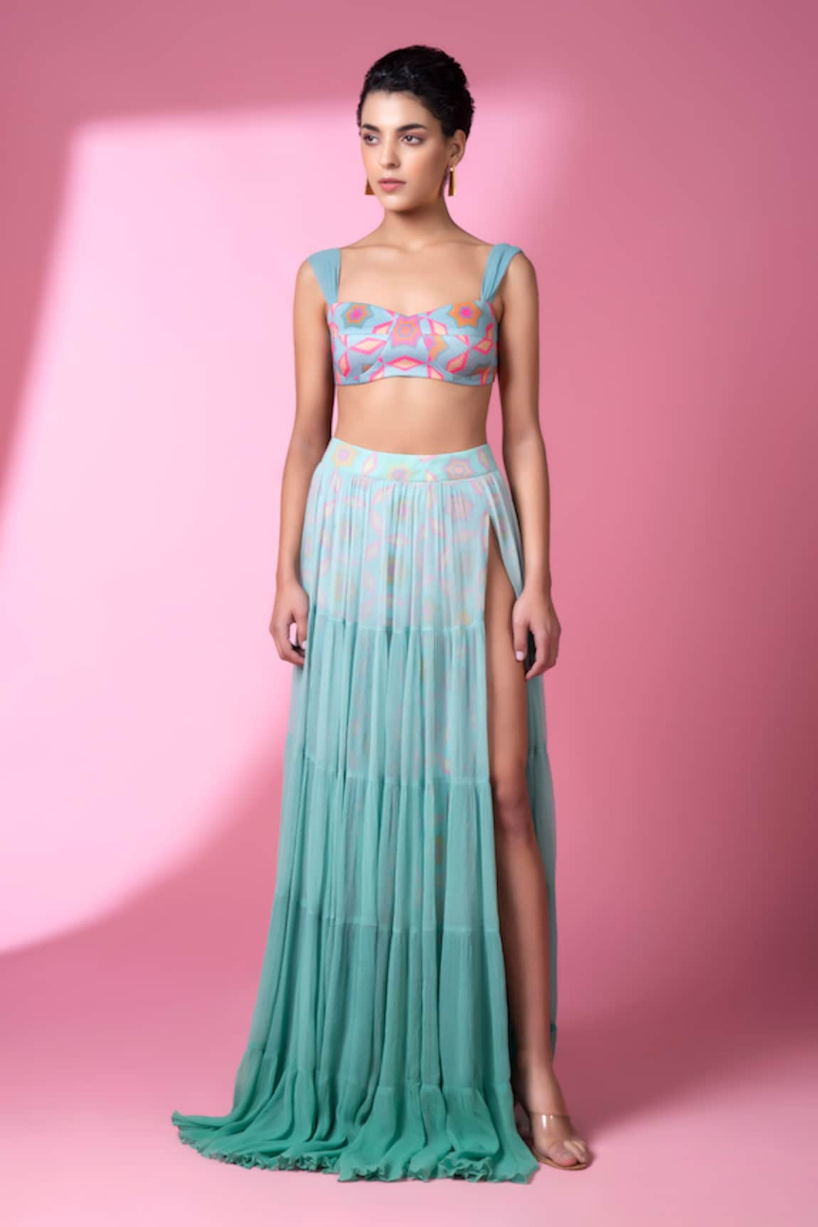 Siddhartha Bansal Ombre Tiered Skirt With Printed Bustier