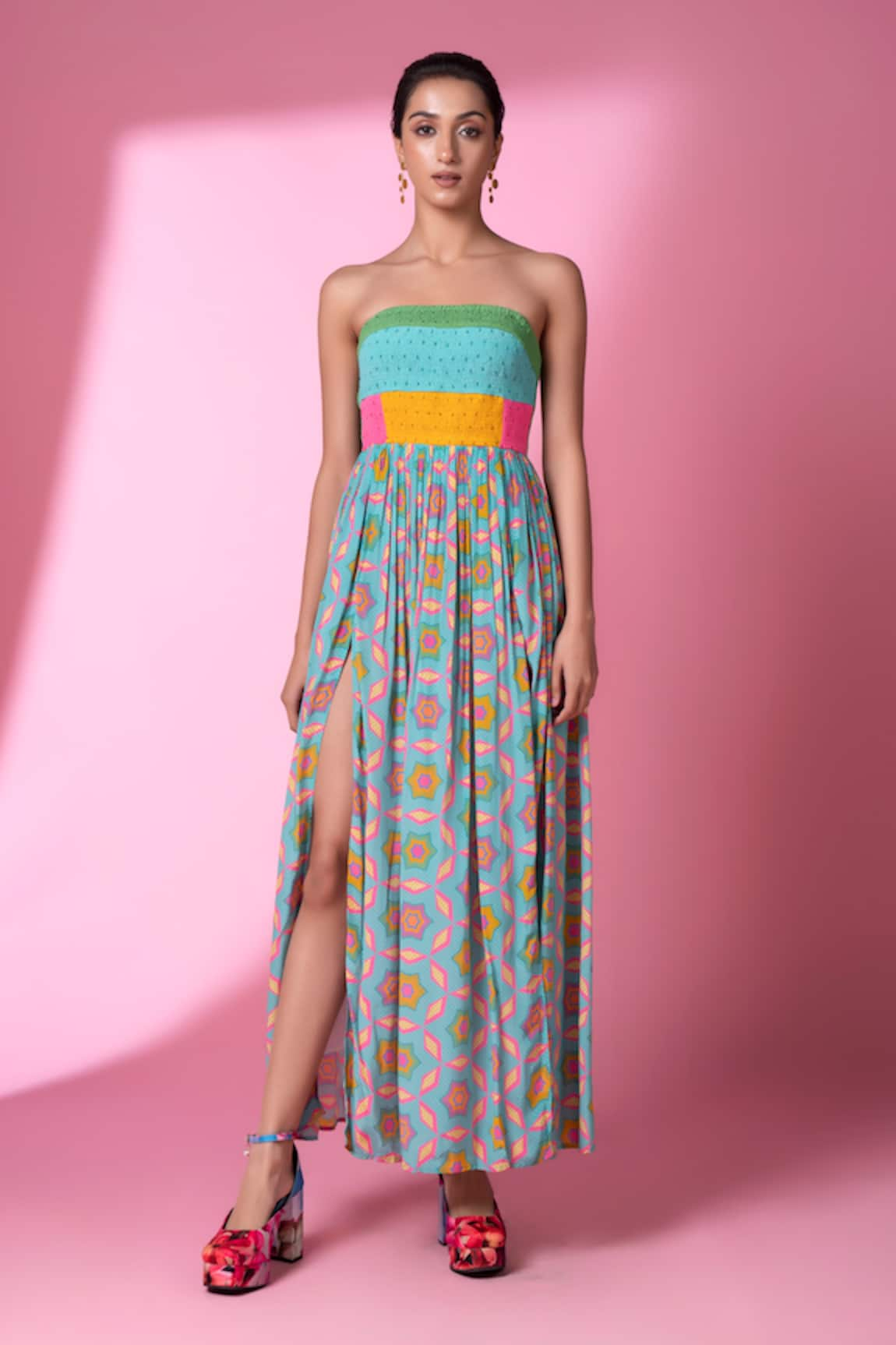 Siddhartha Bansal Geometric Print Strapless Dress