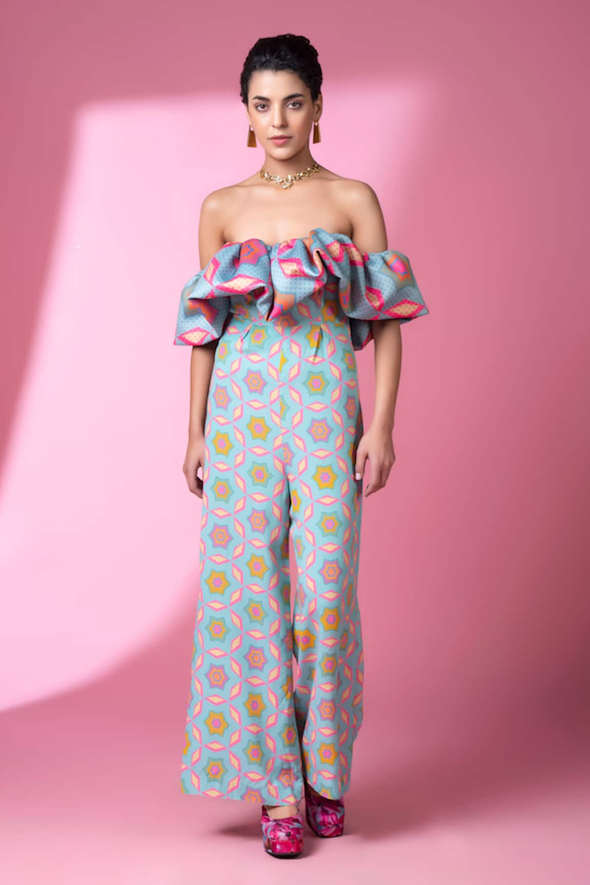 Siddhartha Bansal Geometric Print Off Shoulder Jumpsuit