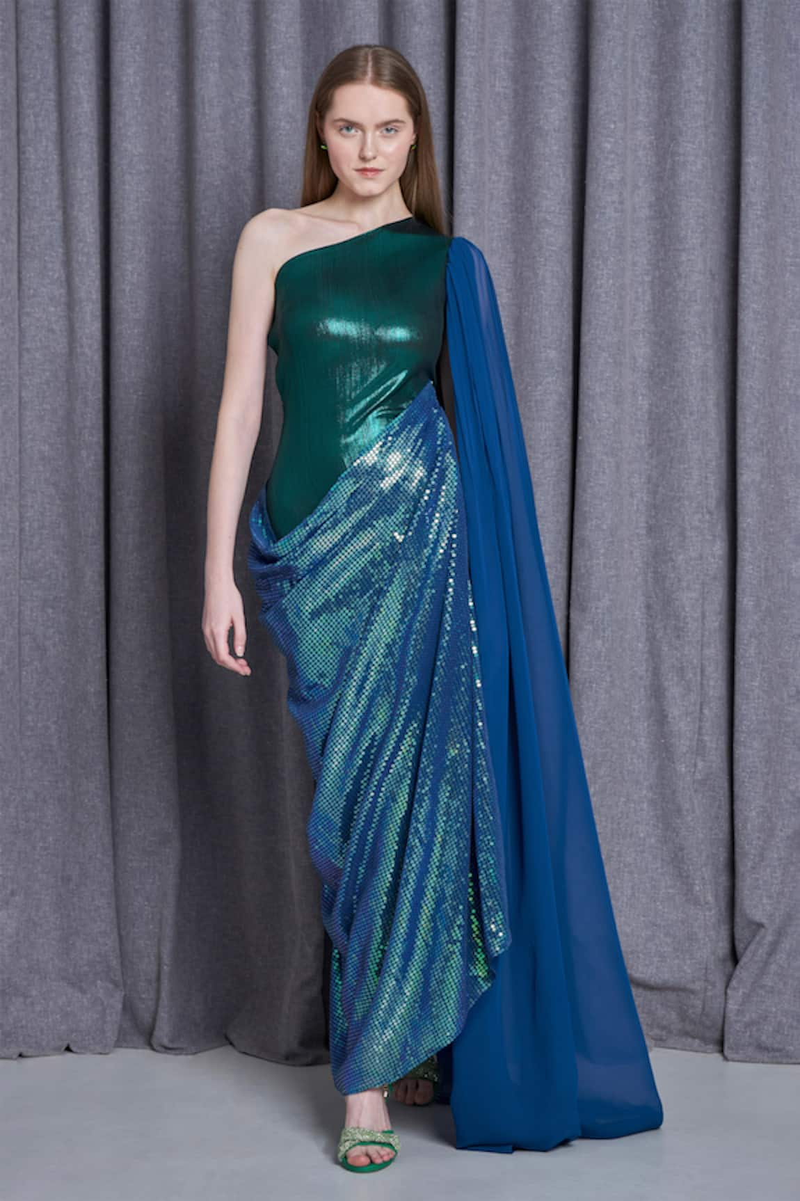 Cham Cham Metallic Sequin Embellished One Shoulder Gown