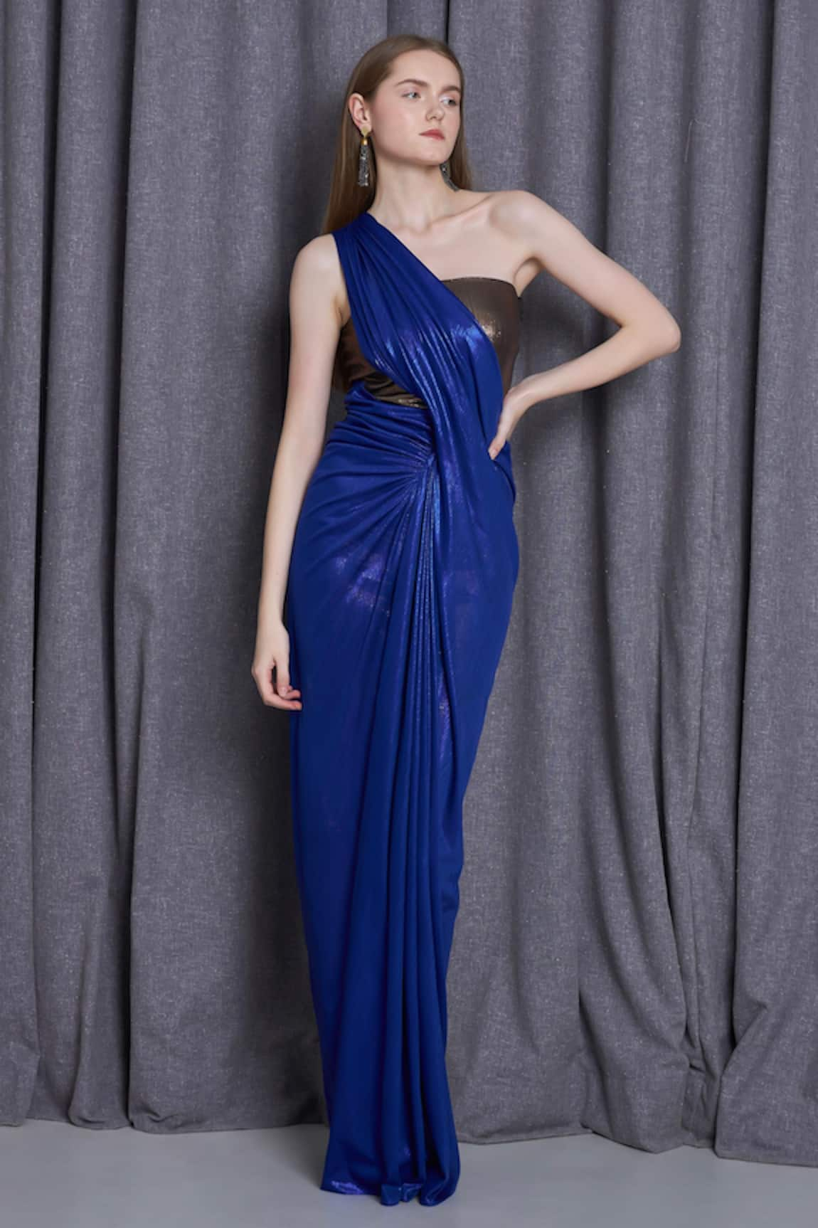 Cham Cham Colorblocked One Shoulder Draped Gown