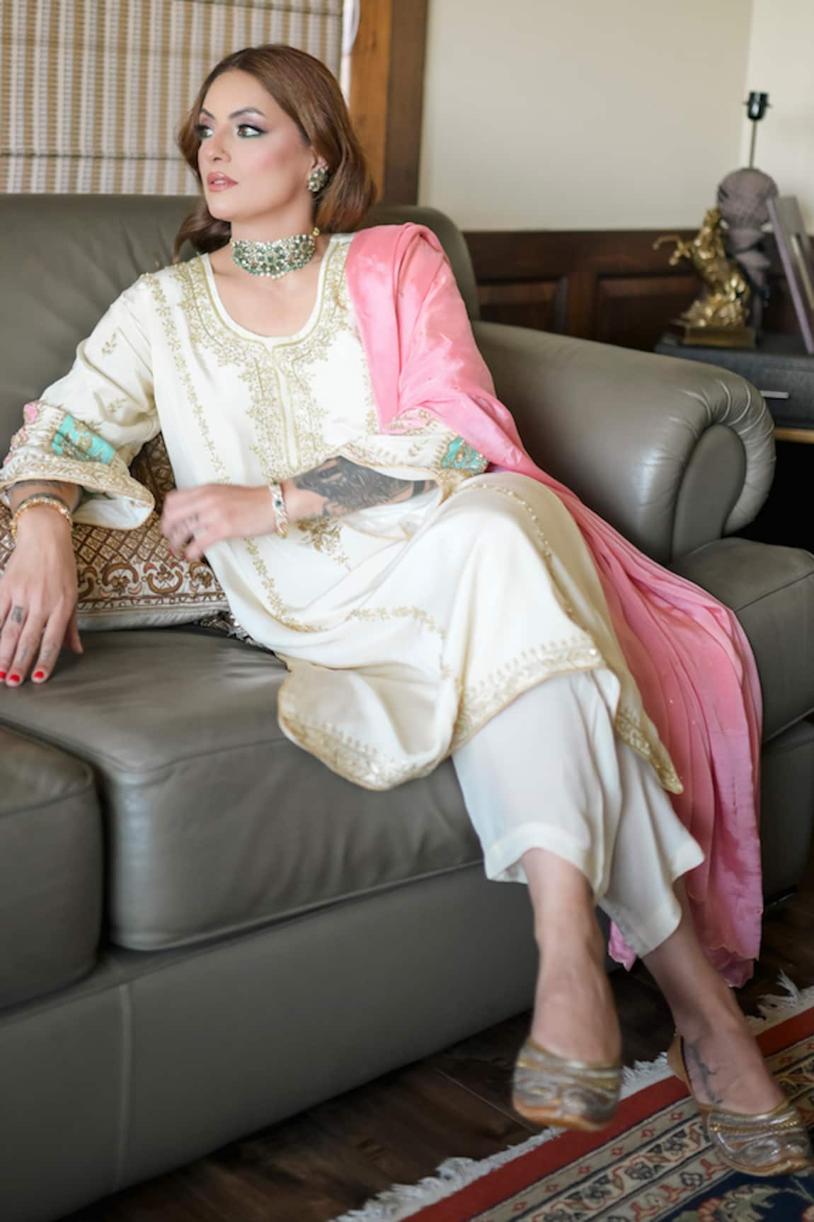 Cilwana Studio Sheer Embroidered Kurta With Pant Set