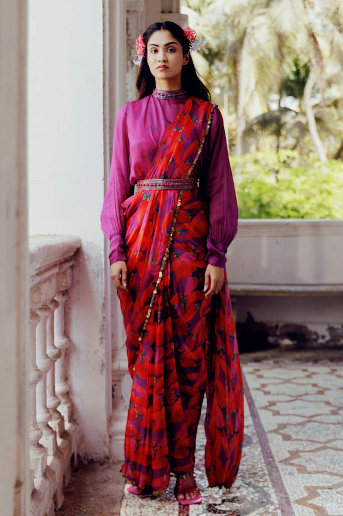 17:17 by Simmi Saboo Emily Chilli Print Pre-Draped Pant Saree Set