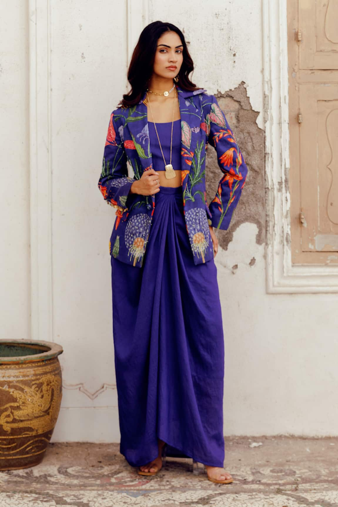 17:17 by Simmi Saboo Zuri Trible Floral Floral Print Blazer & Draped Skirt Set