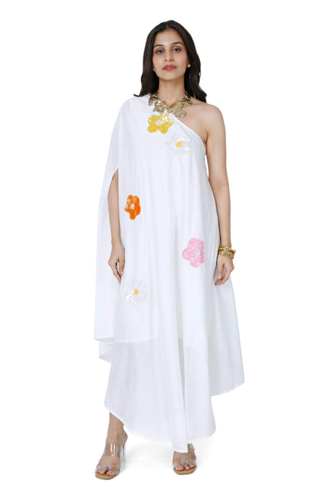 Komal Shah Sequin Flora Patch Embroidered One Shoulder Dress 