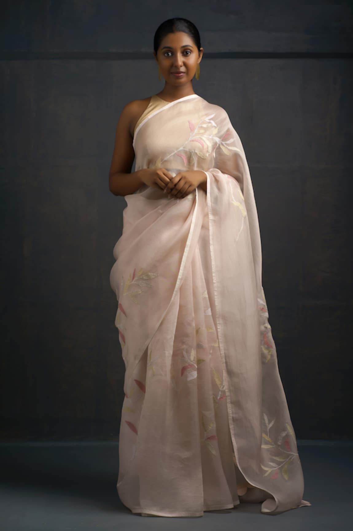 Rouka by Sreejith Jeevan Leaf Embroidered Saree With Unstitched Blouse Piece