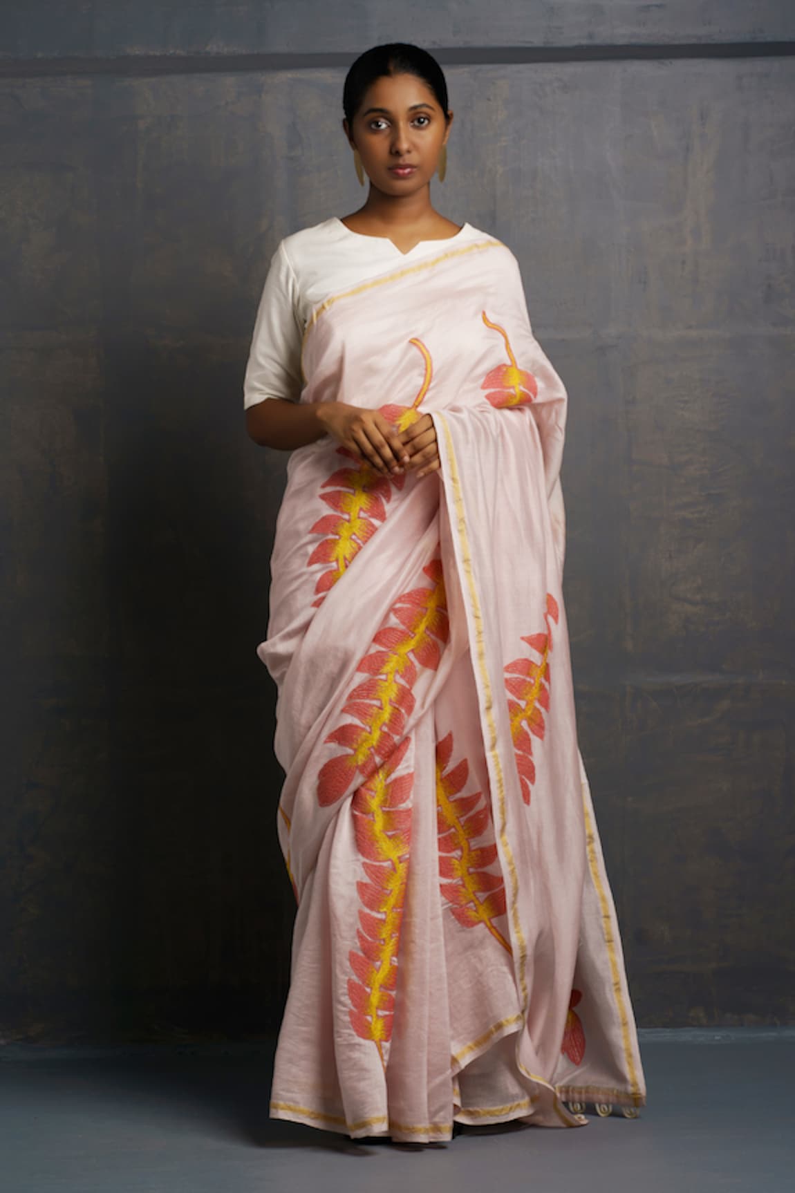 Rouka by Sreejith Jeevan Abstract Leaf Embroidered Saree With Unstitched Blouse Piece