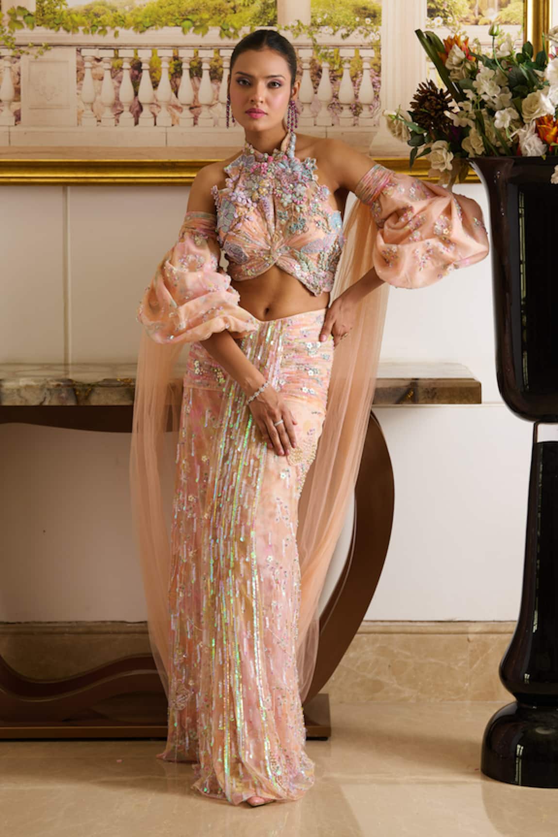 Moledro Marissa Florence Embroidered Blouse Draped Skirt Set