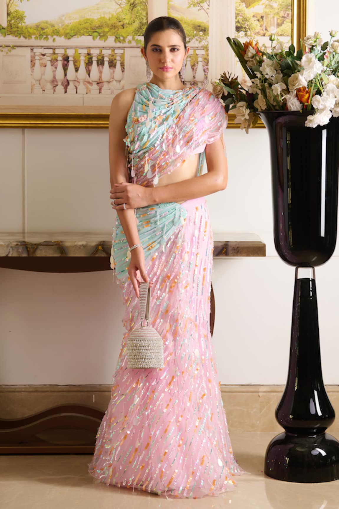 Moledro Zil Sequin Embellished Draped Saree Gown