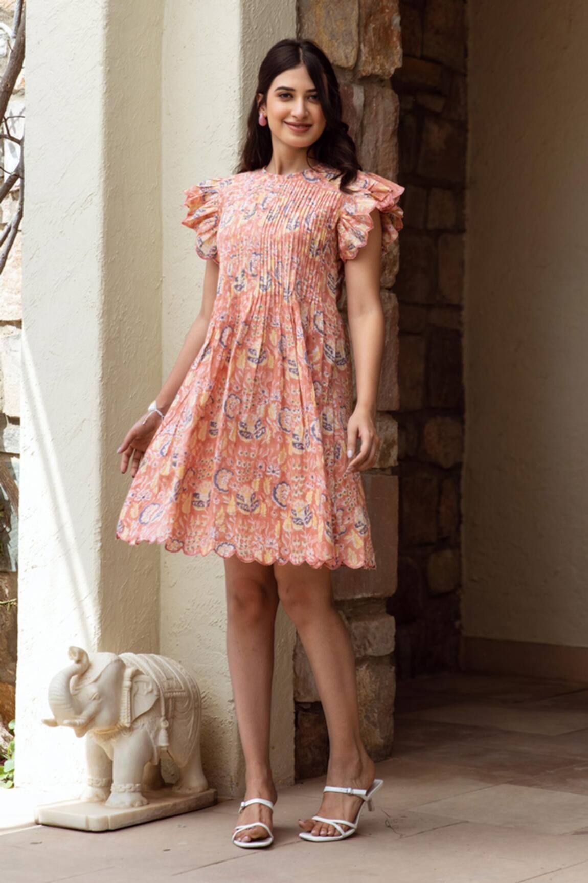 ASRUMO Floral Print Pintuck Dress