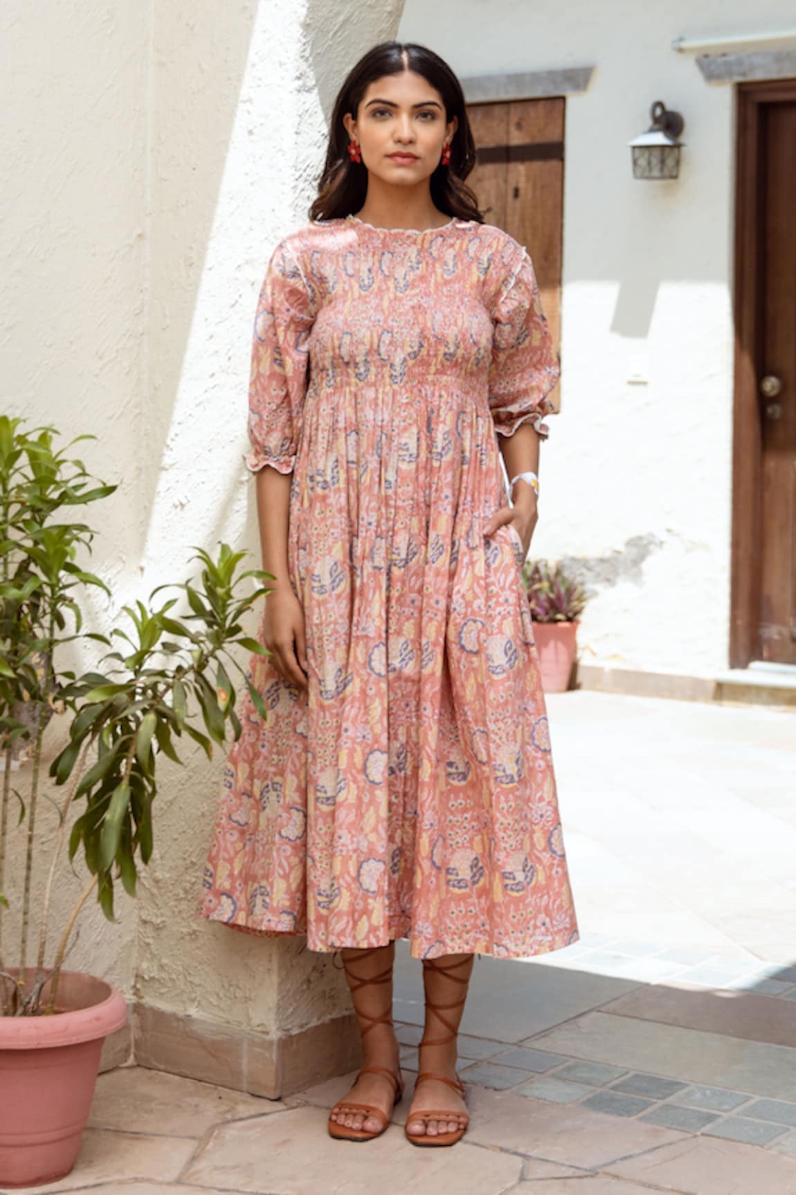 ASRUMO Smocked Yoke Cotton Dress