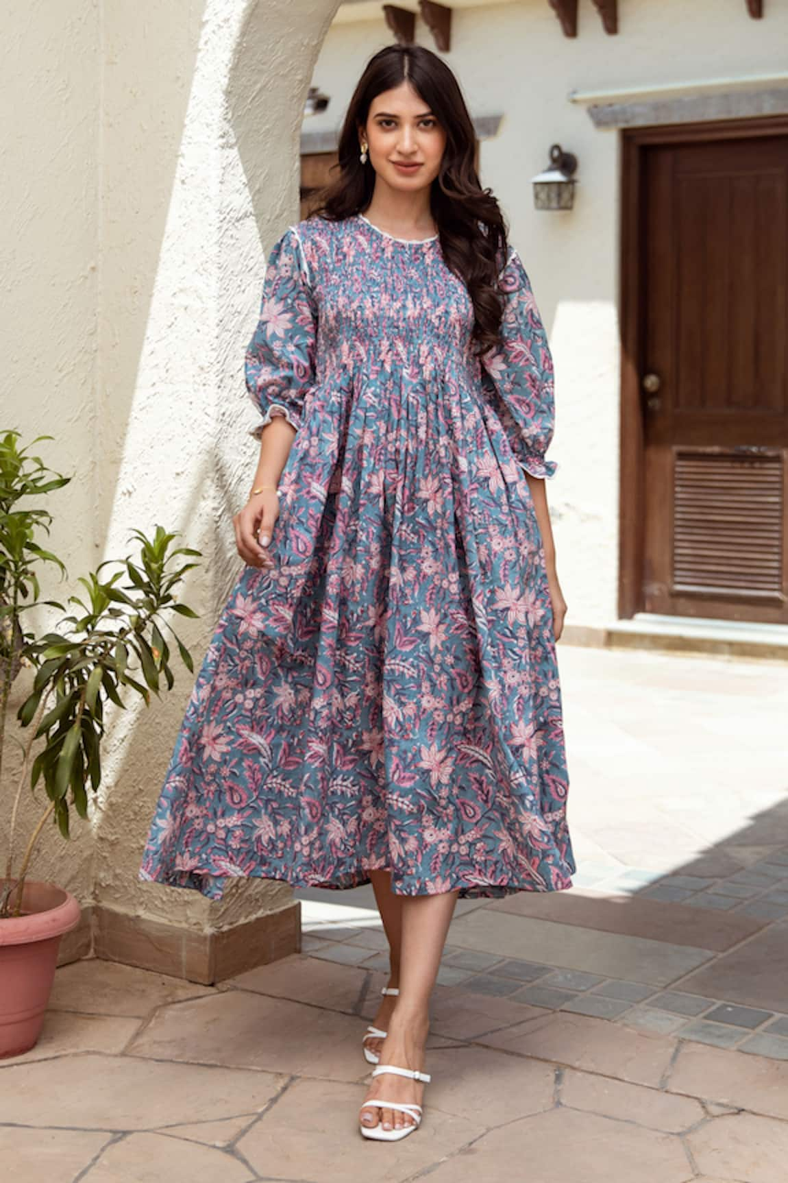 ASRUMO Smocked Yoke Cotton Midi Dress