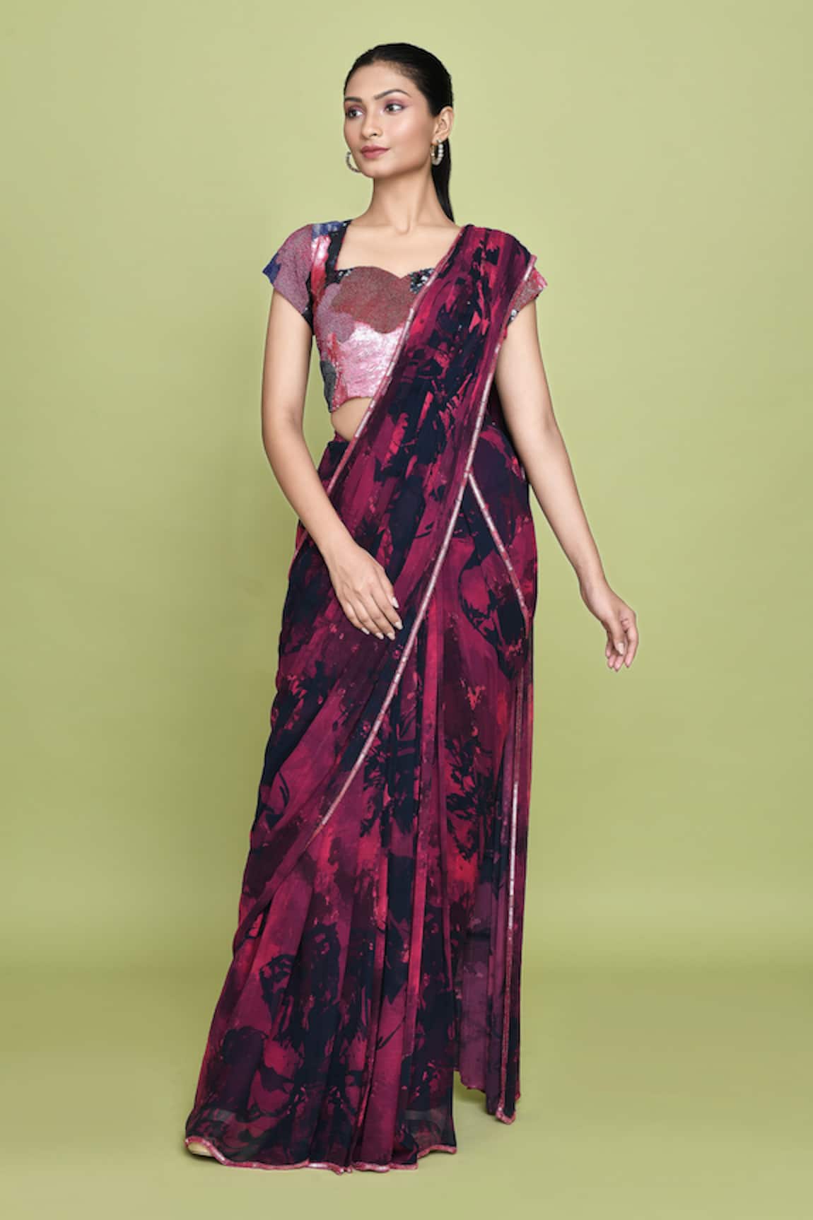 LABEL SHRISTI CHETANI Laali Blossomy Print Pre-Draped Saree With Blouse