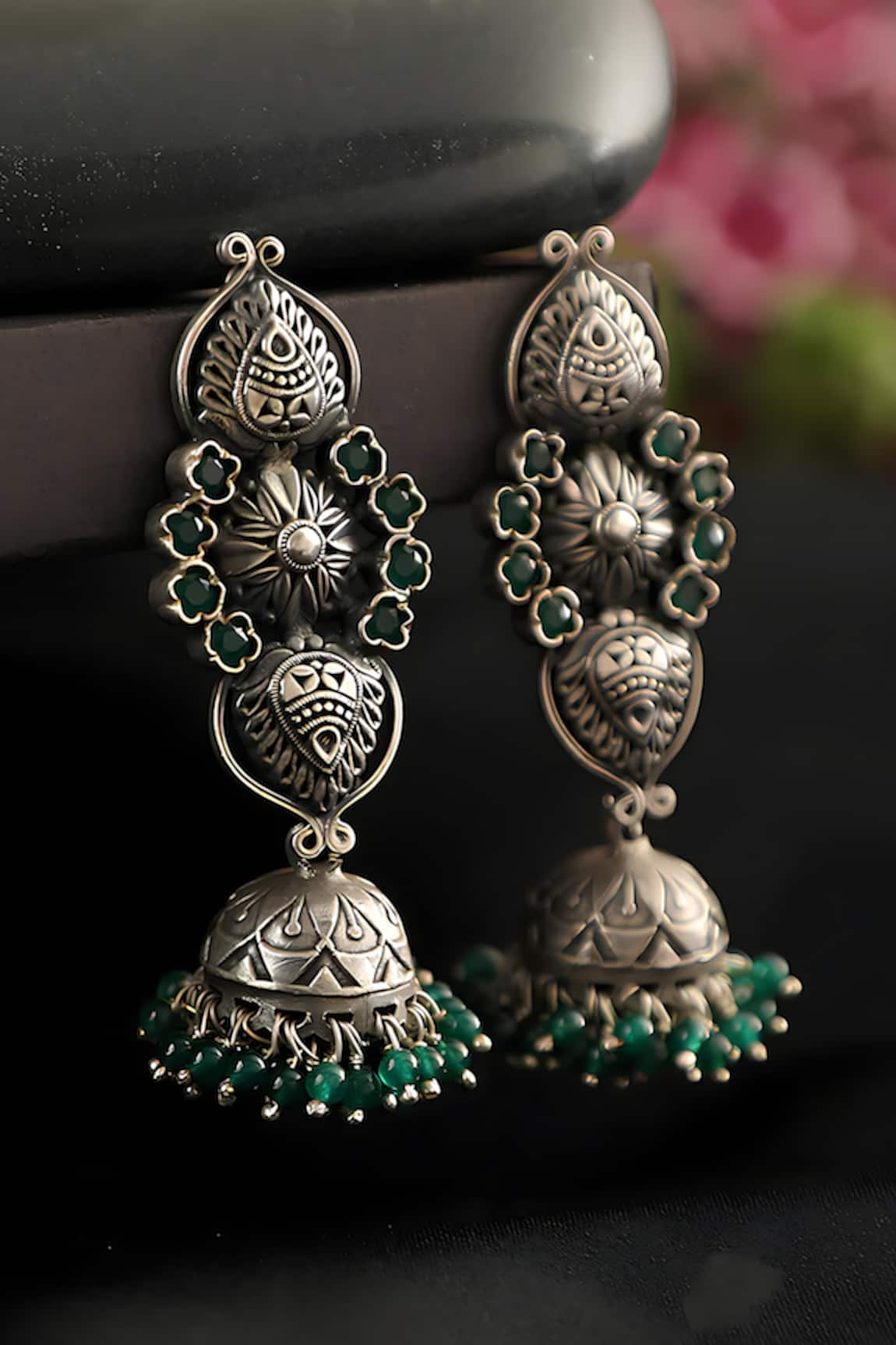 Mero Jewellery Onyx Studded Floral Temple Long Earrings