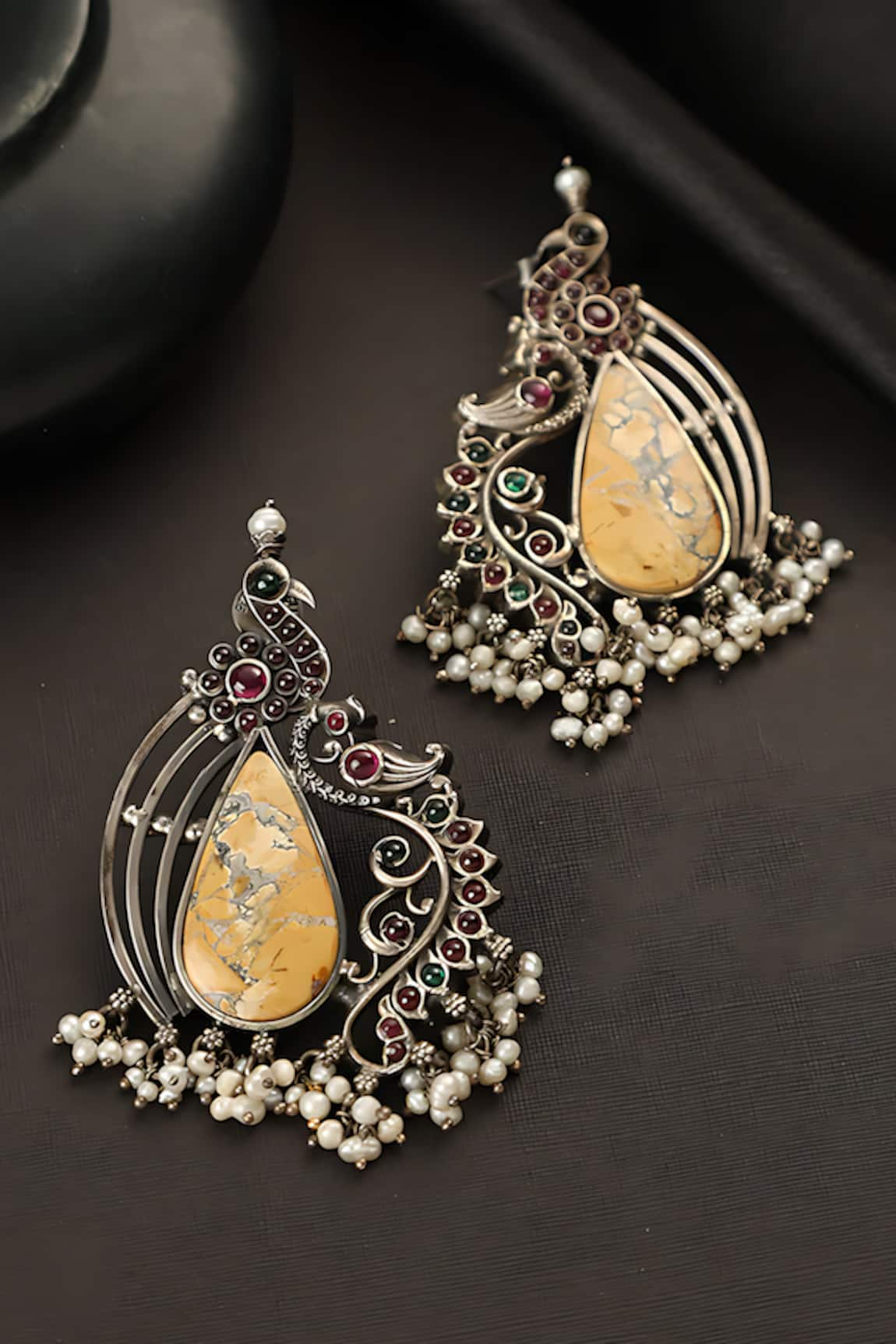 Mero Jewellery Kempstone Studded Peacock Drop Earrings