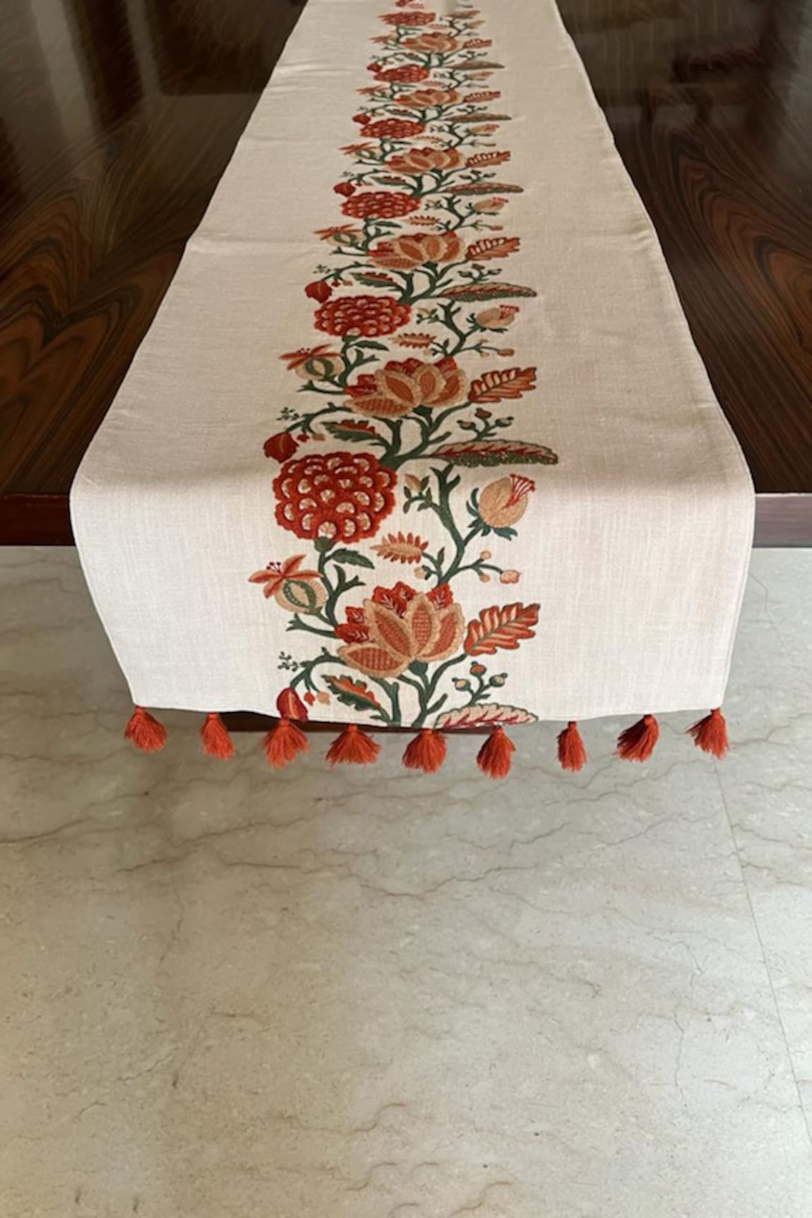 House of Inari Cotton Floral & Tassels Embroidered Table Runner