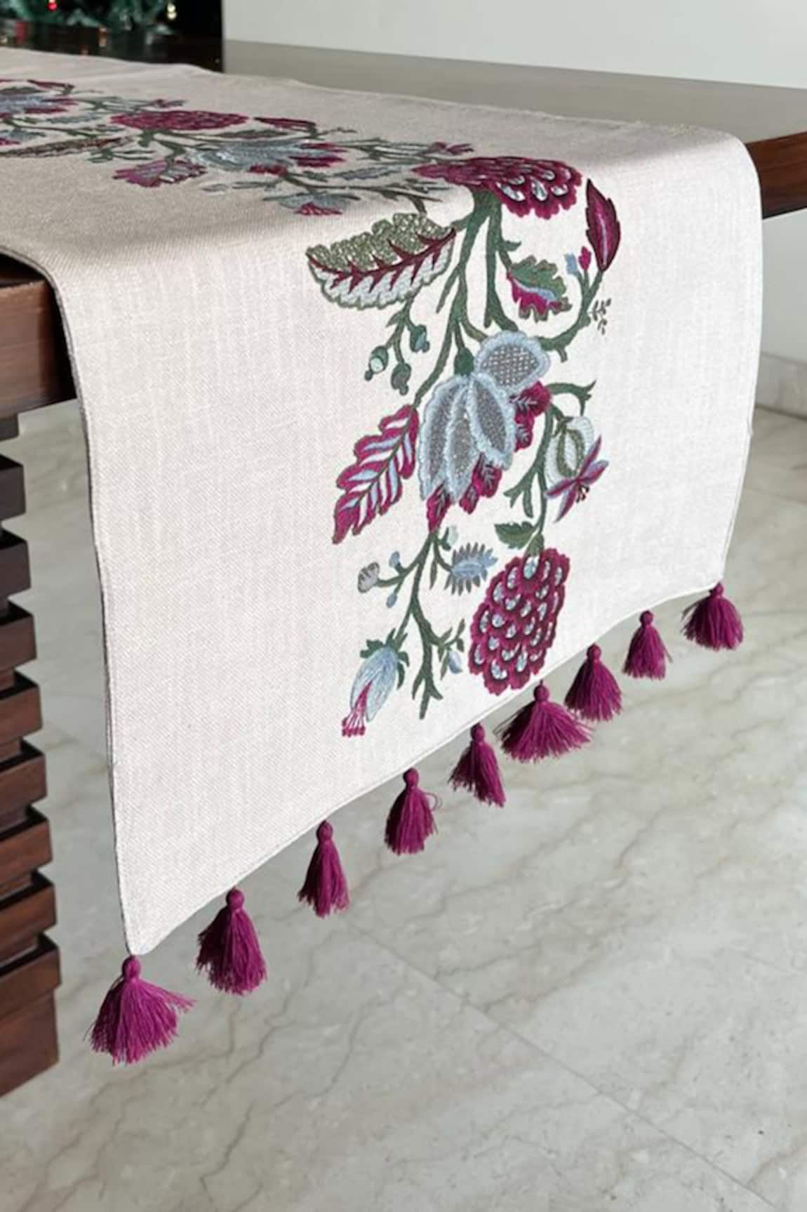 House of Inari Floral & Tassels Embroidered Cotton Table Runner