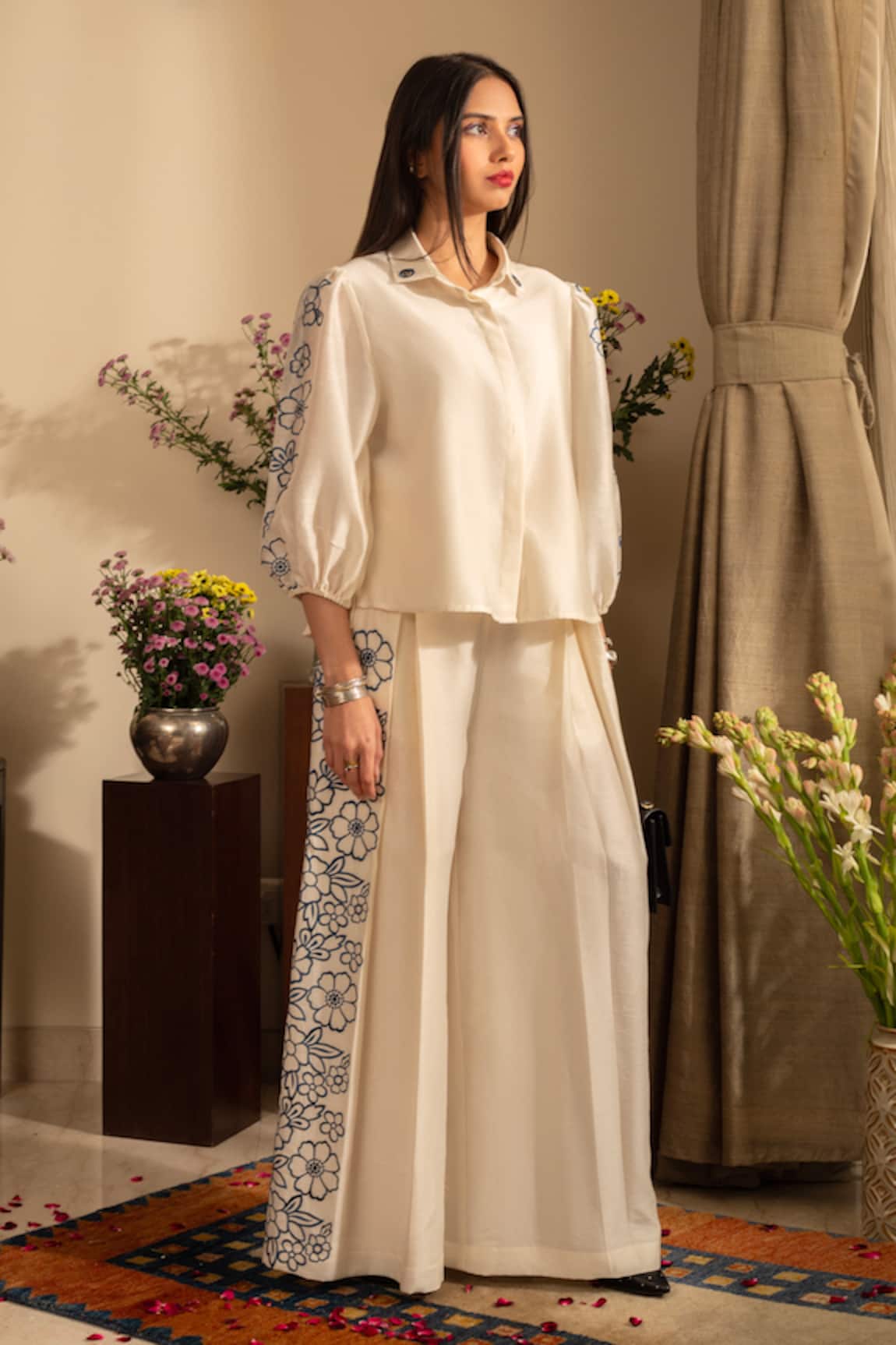 House Of Inari Petunia Bloom Embroidered Shirt With Pant