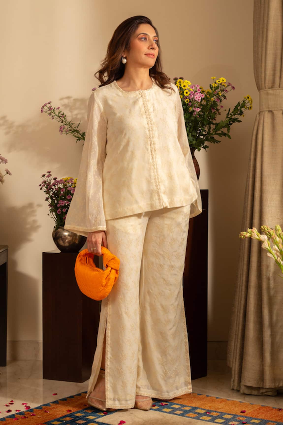 House Of Inari Poppy Blossom Embroidered Top With Bell Bottom Pant