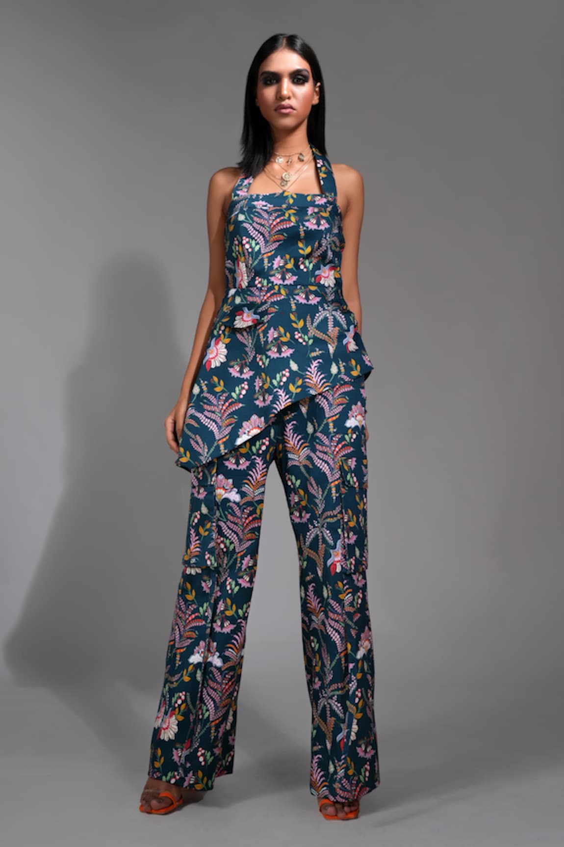 Shruti S Floral Print Asymmetric Peplum Top With Cargo Trouser