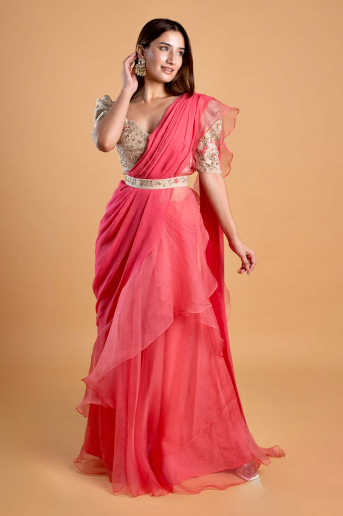 Dajwaree Zinnia Pre-Draped Saree With Floral Embroidery