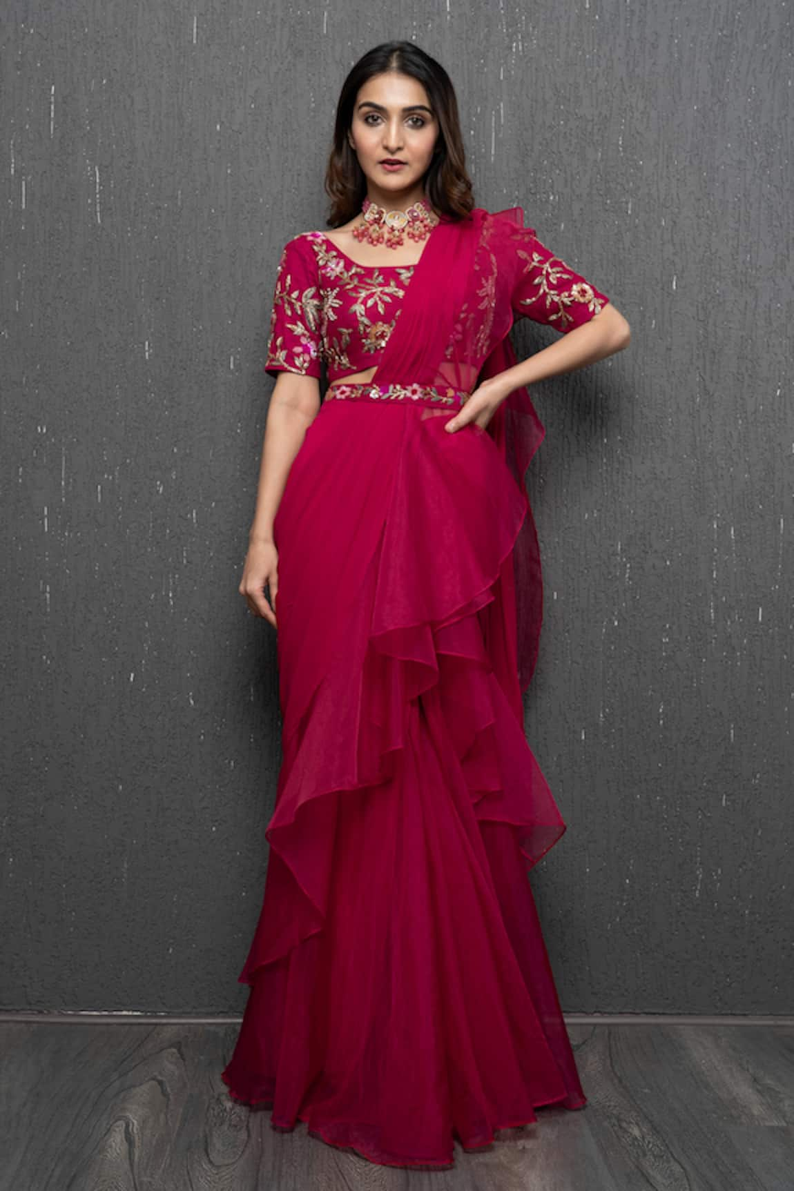 Dajwaree Rose Pre-Draped Ruffled Saree With Embroidered Blouse