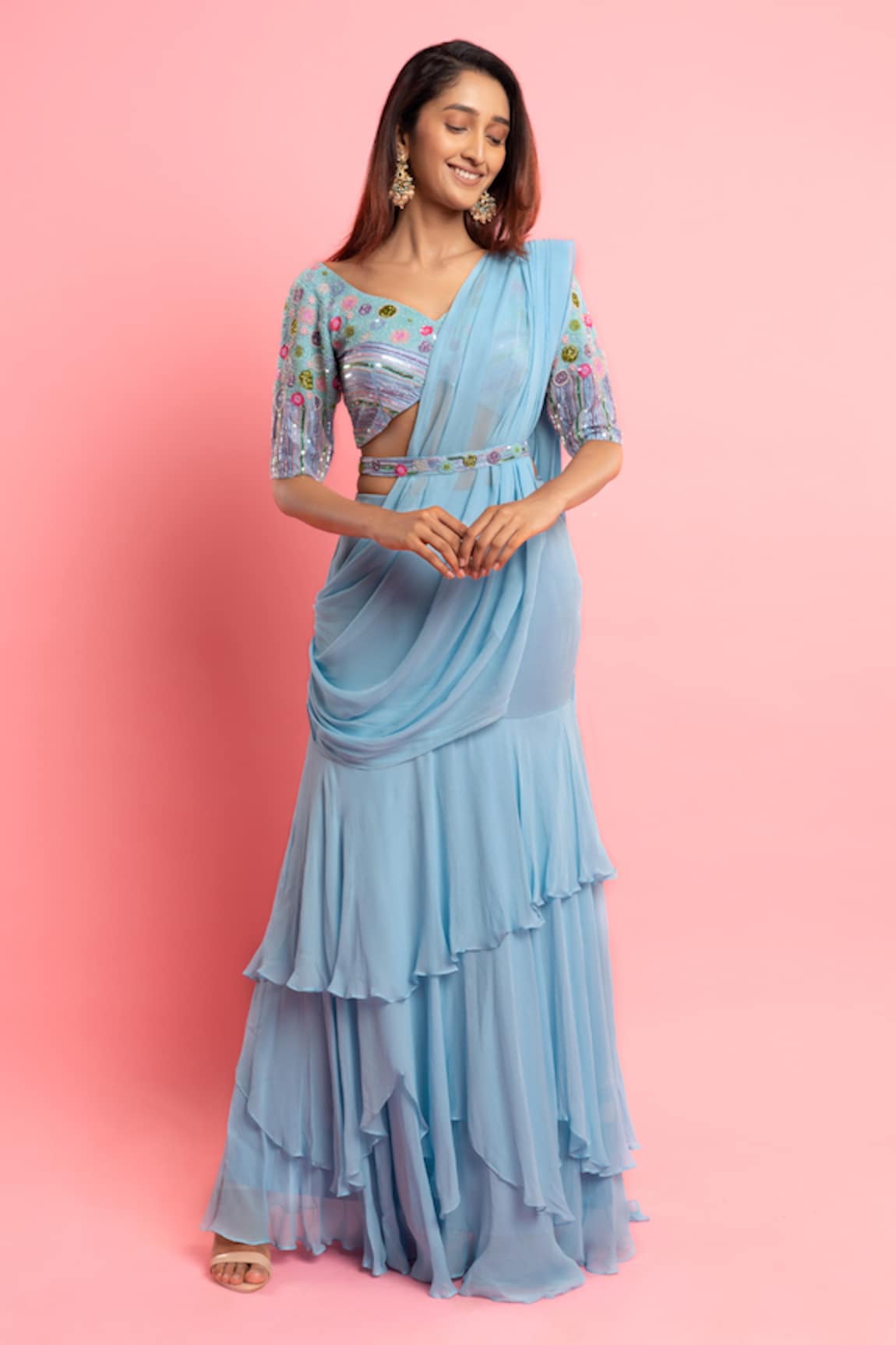 Dajwaree Pre-Draped Saree With Bead Embellished Blouse