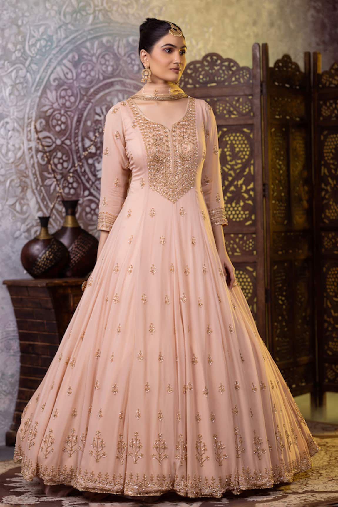 RAJ ARORA Cutdana & Sequins Embroidered Anarkali With Dupatta