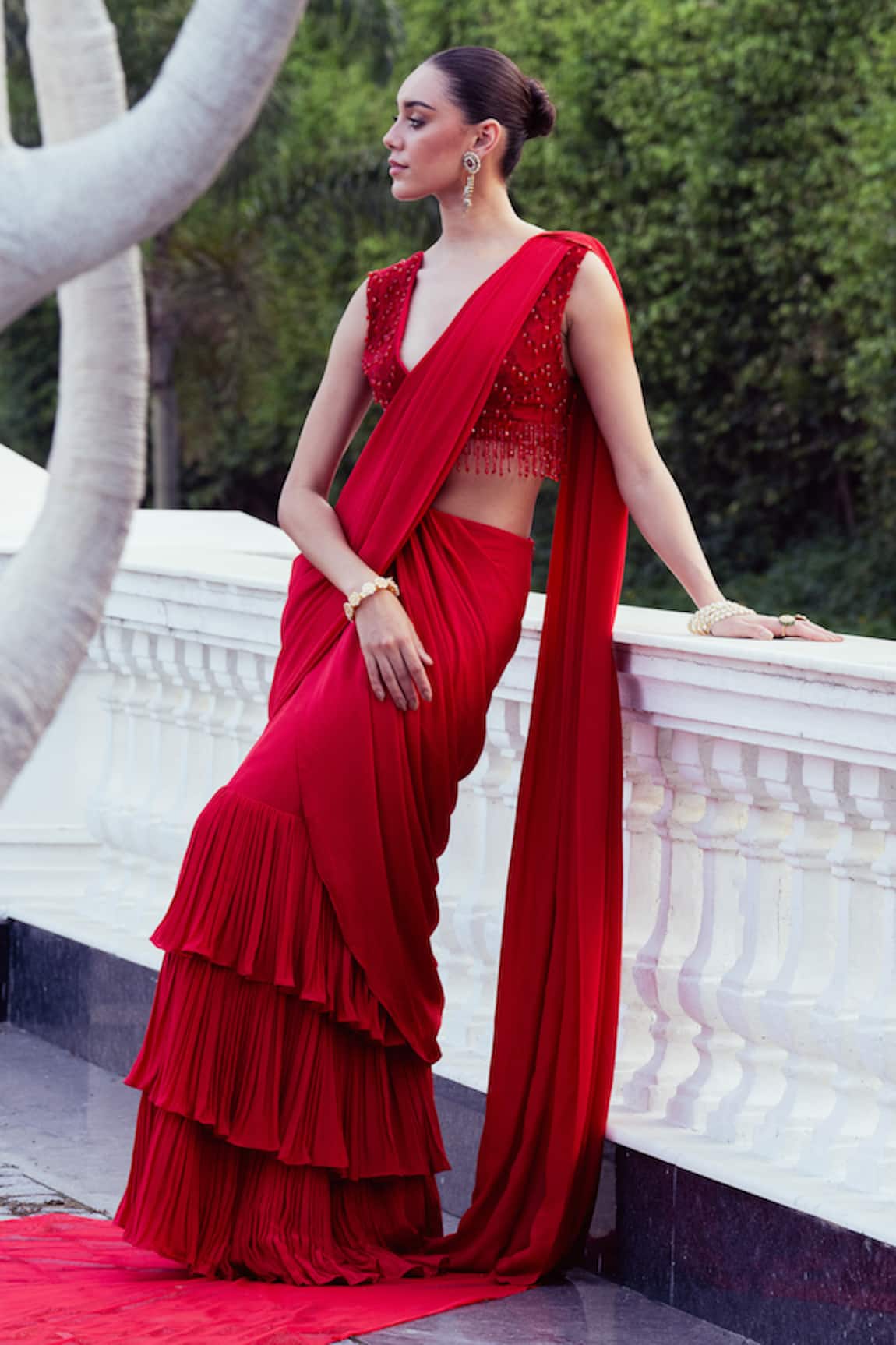 Khushboo Chugh Tiered Solid Pre-Draped Saree With Embellished Blouse