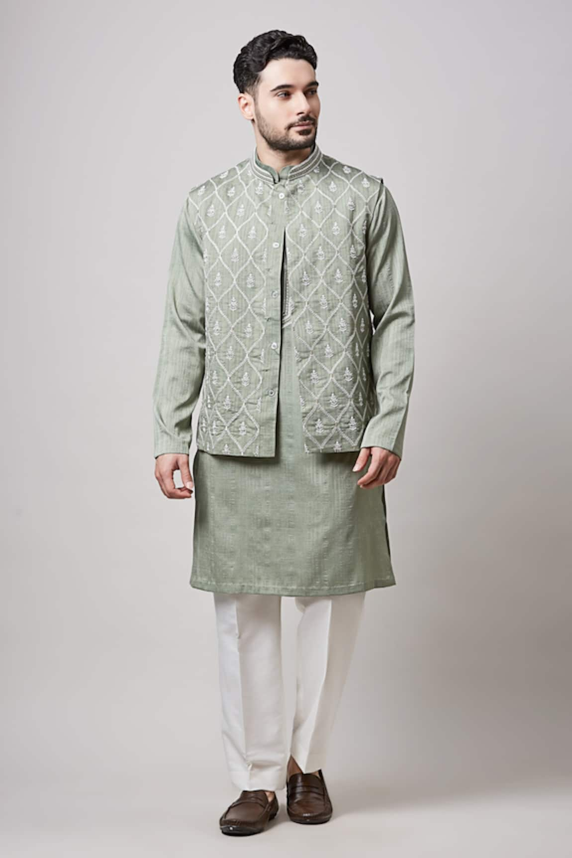 Sanjev Marwaaha Geometric Embroidered Bundi Kurta Set