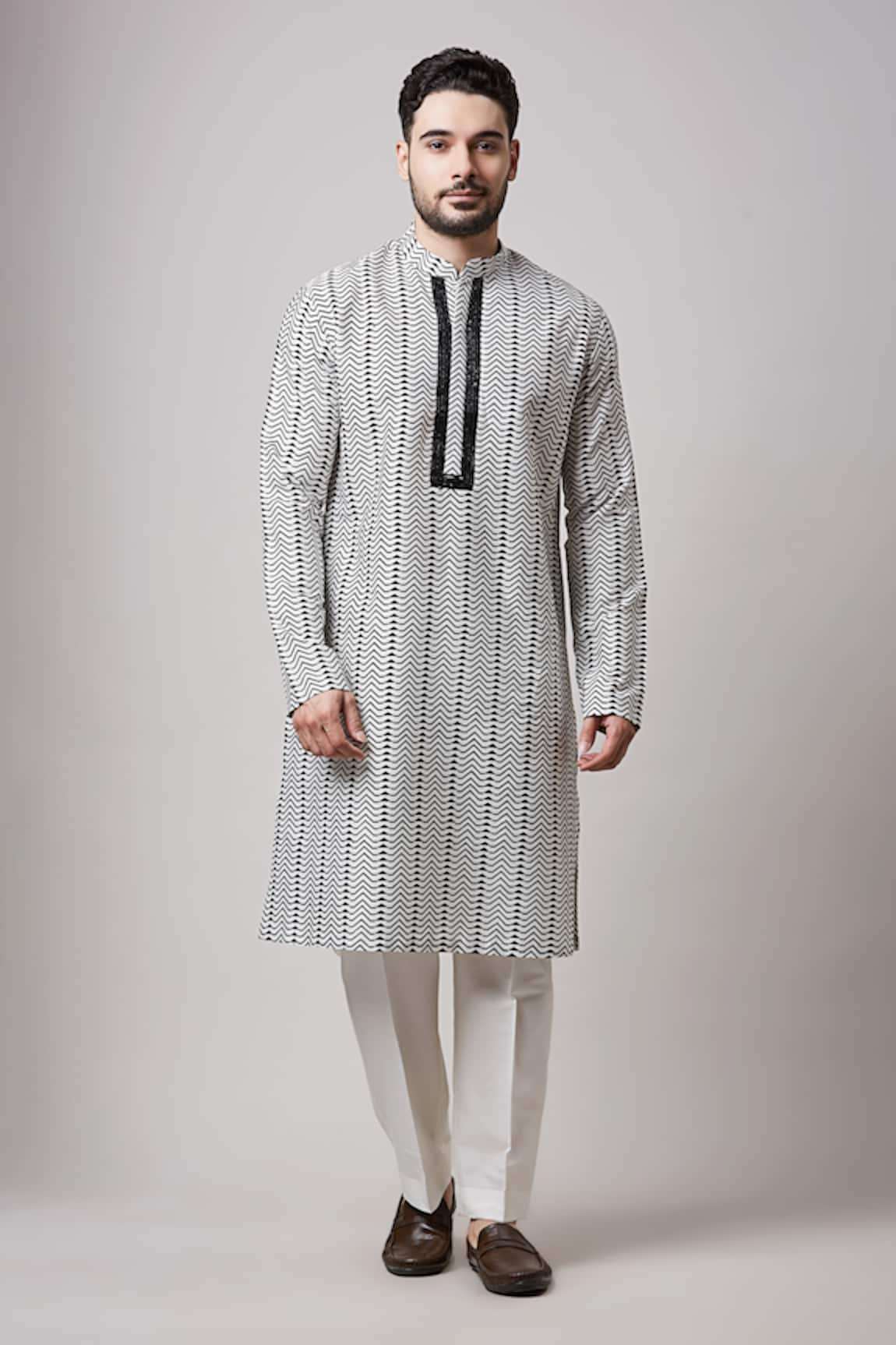 Sanjev Marwaaha Printed Embroidered Placket Kurta & Pant Set