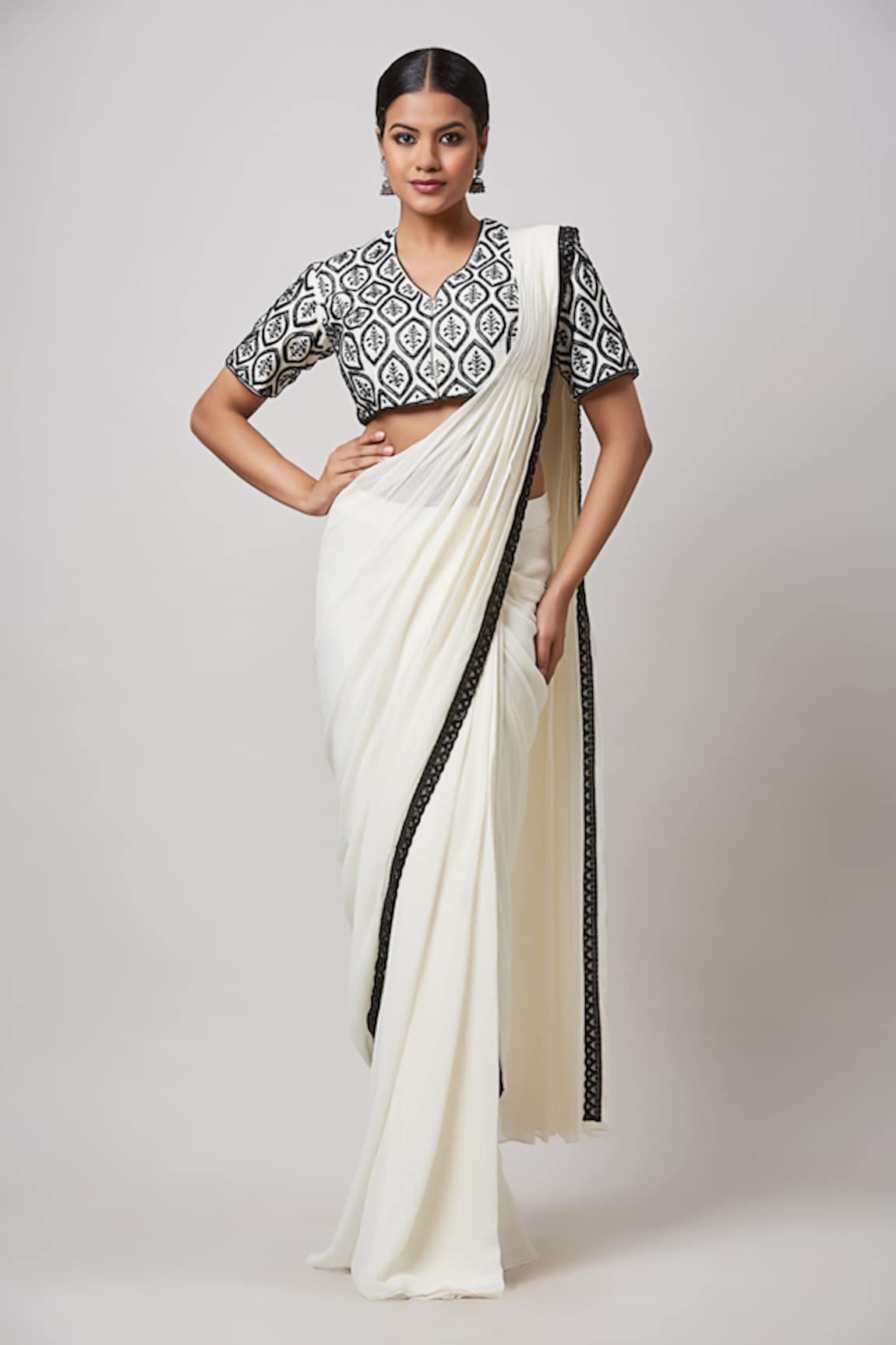 Sanjev Marwaaha Contrast Hand Embroidered Hem Pre-Draped Saree With Blouse